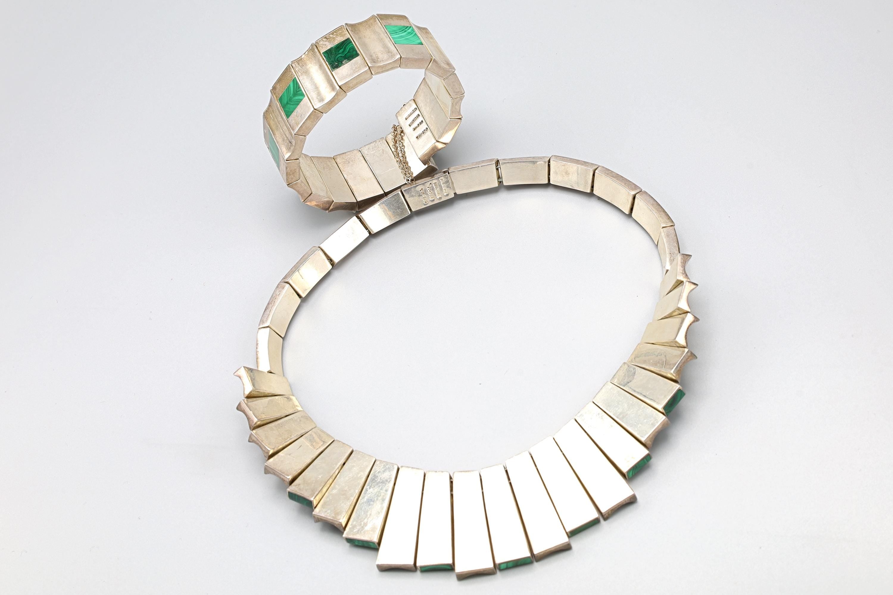 Monteros TM-100 Taxco Mexico Jewelry Set, 970 Silver And Green Malachite, Cleopatra Bib Collar Necklace And Bracelet, Articulated, Graduated
