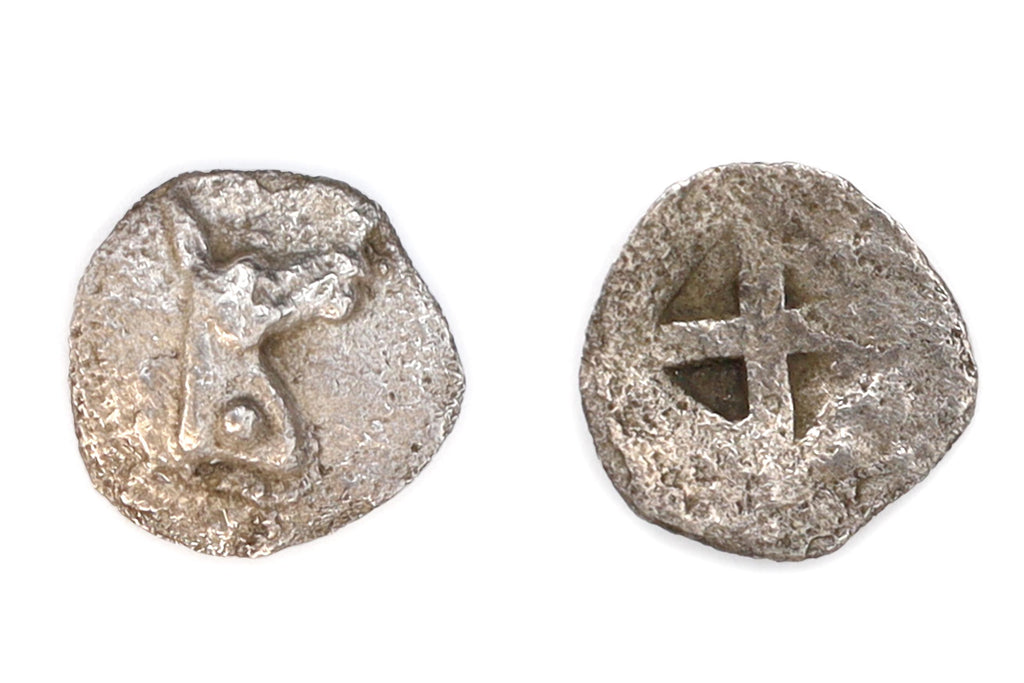 Mende Macedonia 480 BCE Silver Coin Hemiobol, Head Of Donkey And Geometric Incuse, Numismatics Antiquities, Ancient Chalcidice Stater Drachm