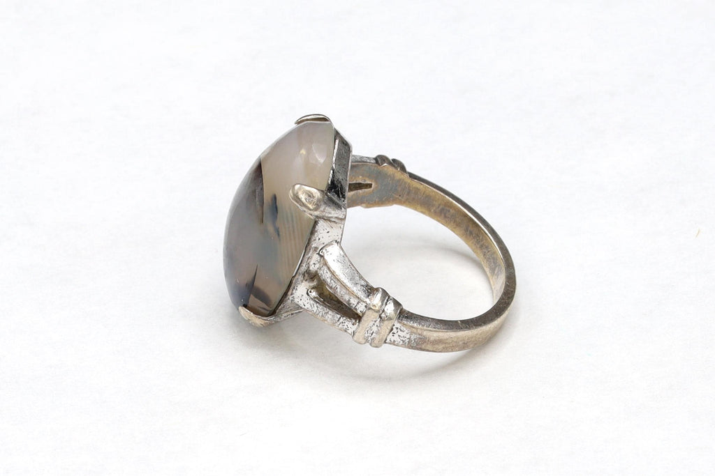 Clark and Coombs Jewelry, Sterling Silver And Moss Agate Ring Size 4 With Jeweler Hallmarks, Art Deco Fashion Accessories, Retro Americana