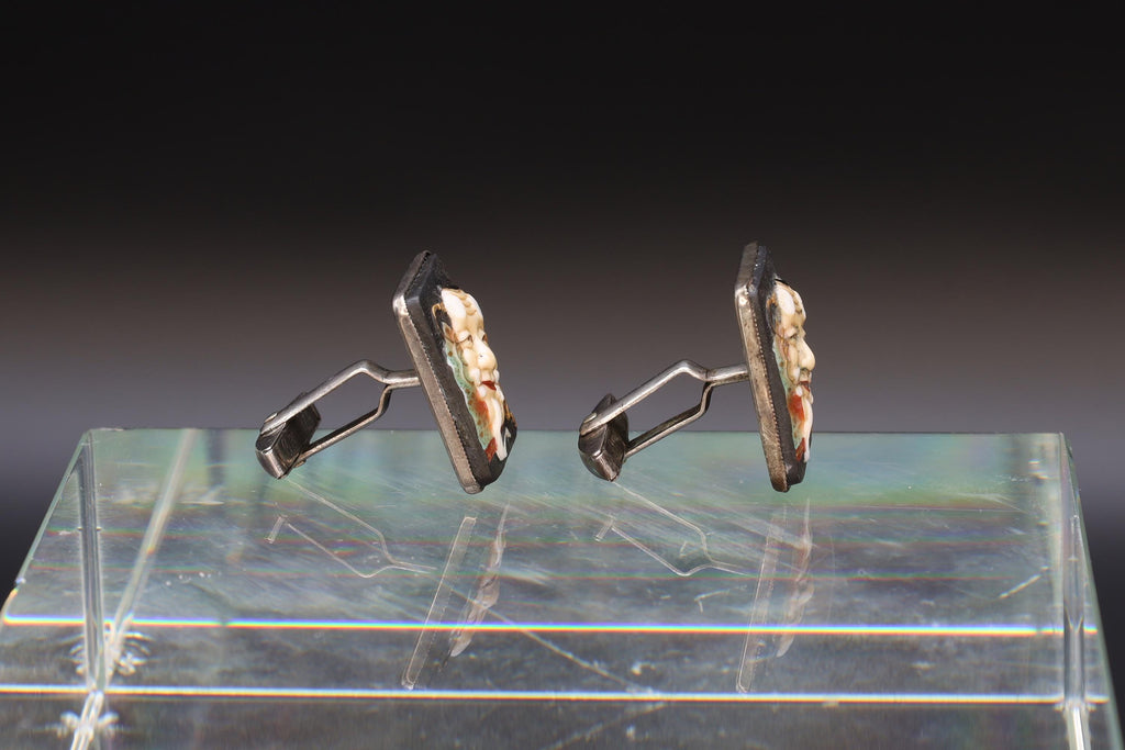 Toshikane Cufflinks, Sterling Silver And Porcelain, Okina Noh Theatre From Japan Hakushiki-jo Mask, Happy Old White Man, Fashion Accessories