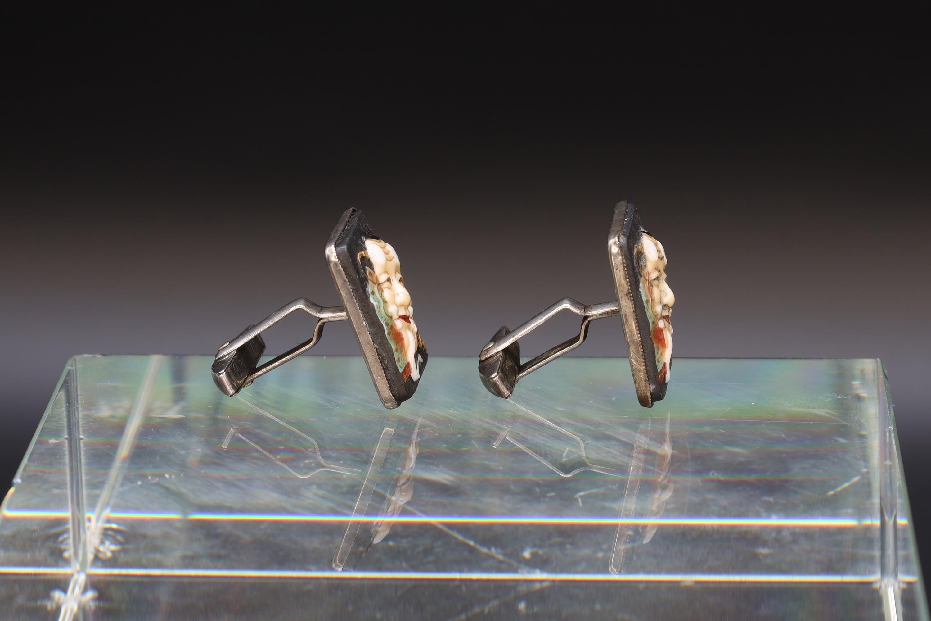 Toshikane Cufflinks, Sterling Silver And Porcelain, Okina Noh Theatre From Japan Hakushiki-jo Mask, Happy Old White Man, Fashion Accessories