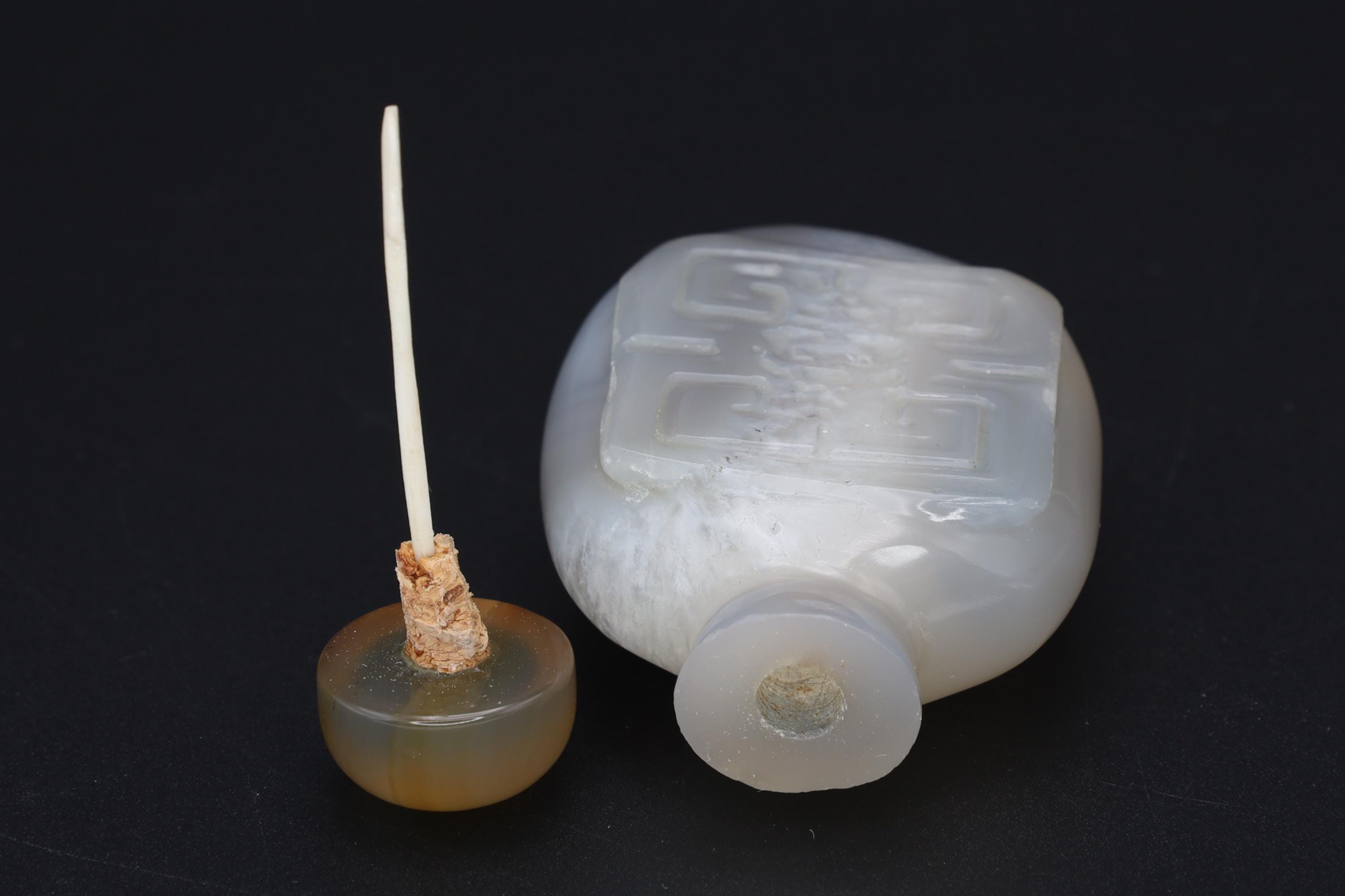 Vintage Early 20th Century Snuff Bottle, Shouxing God On Carved Agate Stone, Perfume Bottle. Asian Oriental Arts Tobacciana Collectibles