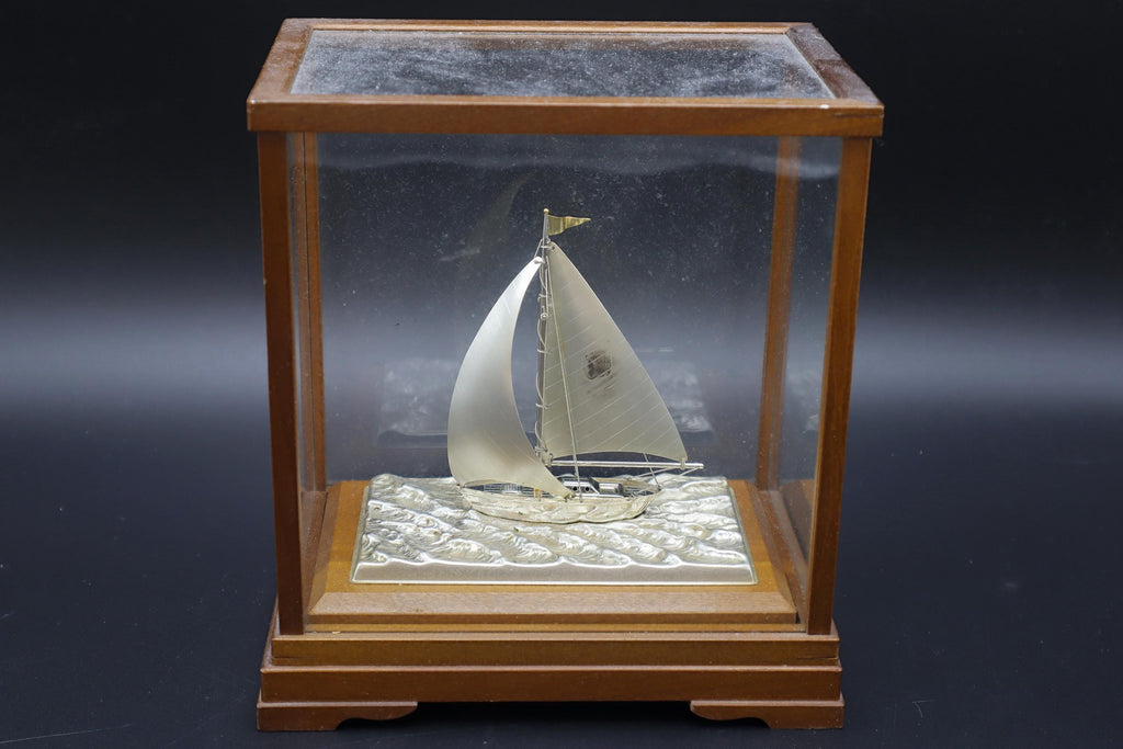Vintage Handmade And Finely Detailed Silver Electroplated Model Of A Sailing Ship, Sports Boat Sculpture By Japanese Artist Seki Takehiko