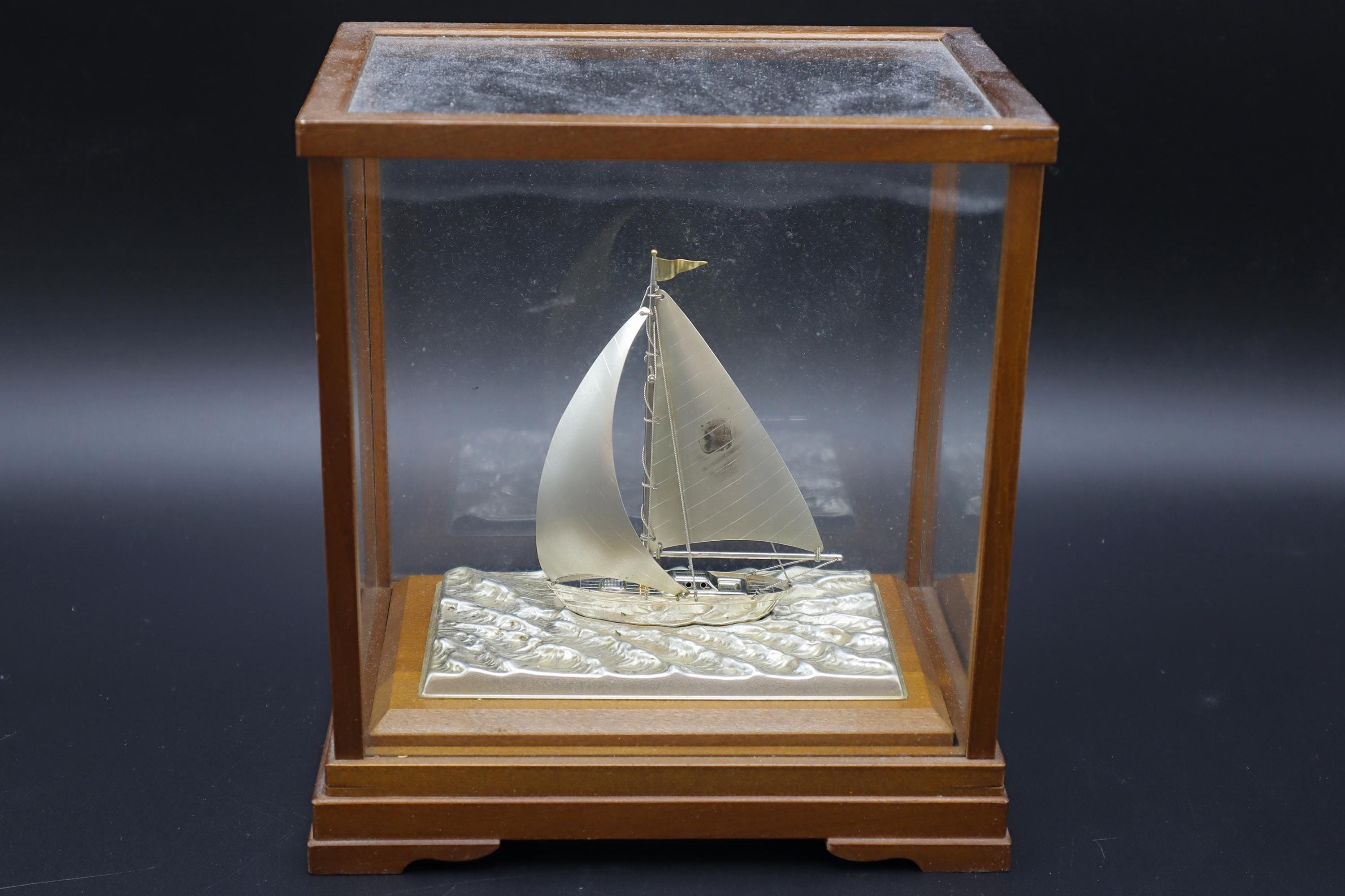 Vintage Handmade And Finely Detailed Silver Electroplated Model Of A Sailing Ship, Sports Boat Sculpture By Japanese Artist Seki Takehiko