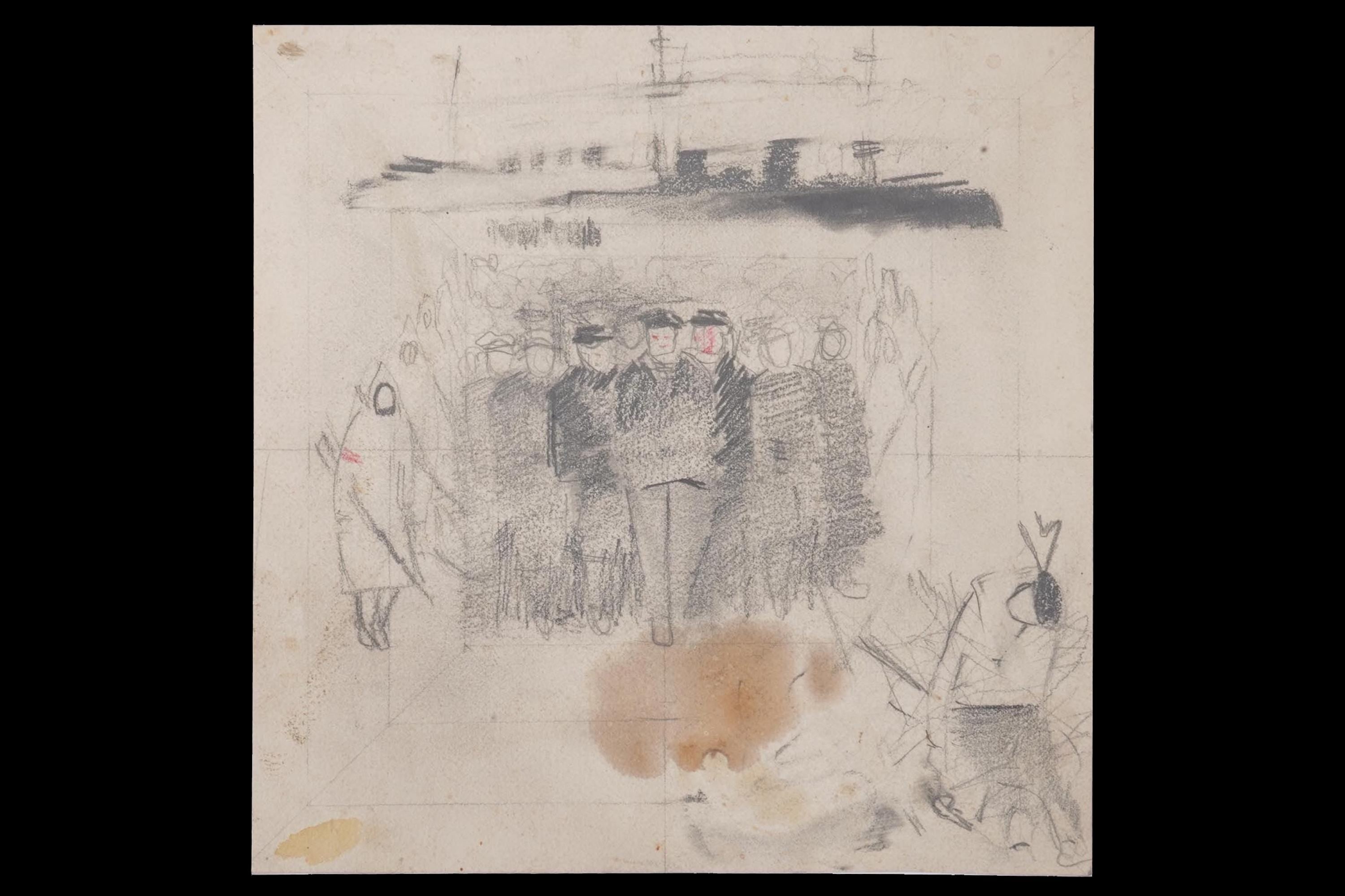 Konstin Vialov, Vintage 1930s Russia, Soviet Union Art, Handmade Sketch Pencil Painting On Thick Paper, Military Warships, Signed On Verso
