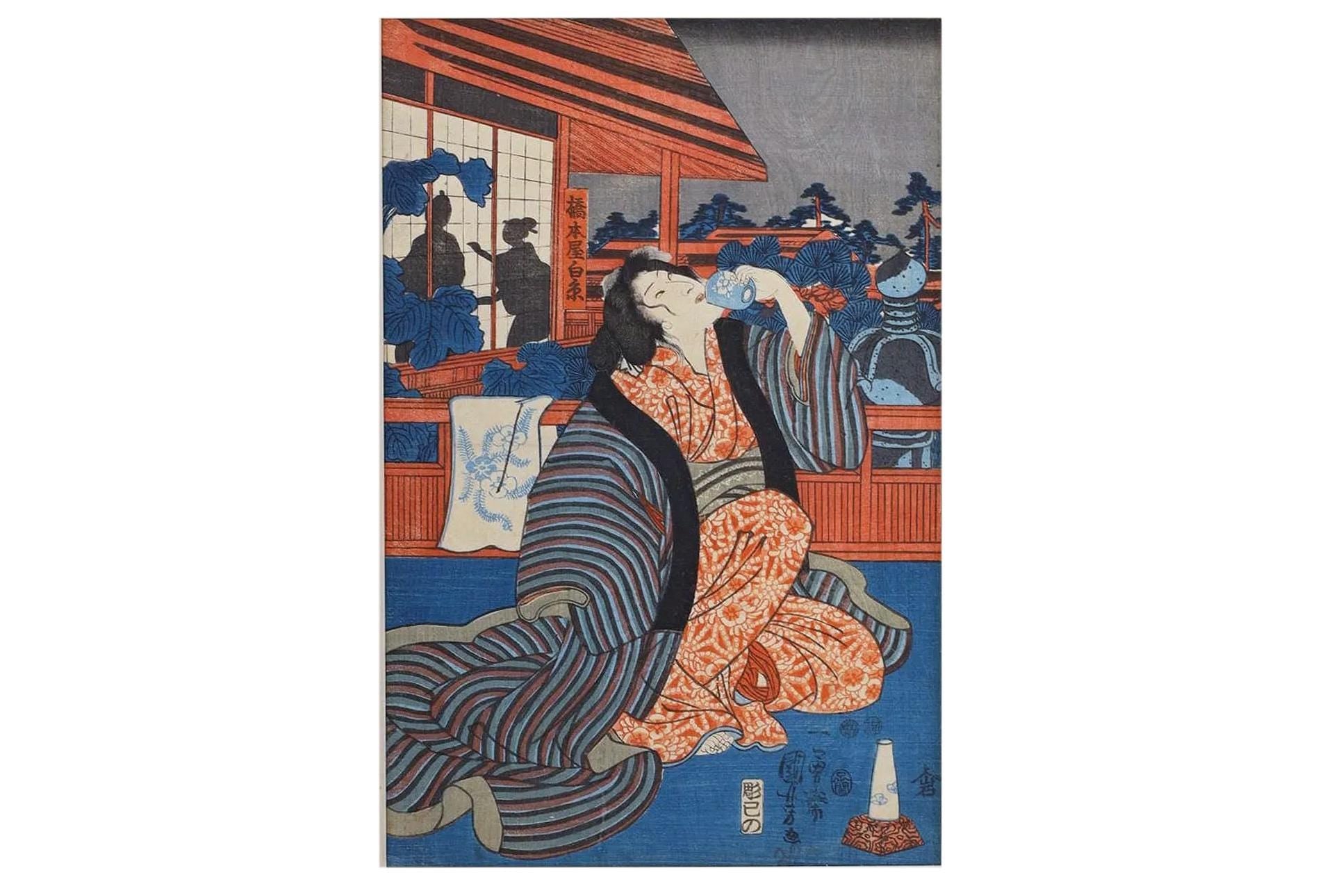 Utagawa Kuniyoshi, Figure Drinking On A Tavern Terrace At Nigh, Antique Ukiyo-e Artwork, Japan Late Edo Period 19th Century