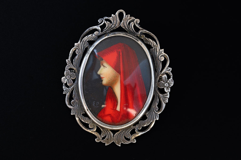 Saint Fabiola Of Rome, Antique 800 Silver Brooch Pin With A Hand Painted Religious Icon Medaillon, Art Deco Miniature Jewelry From Italy