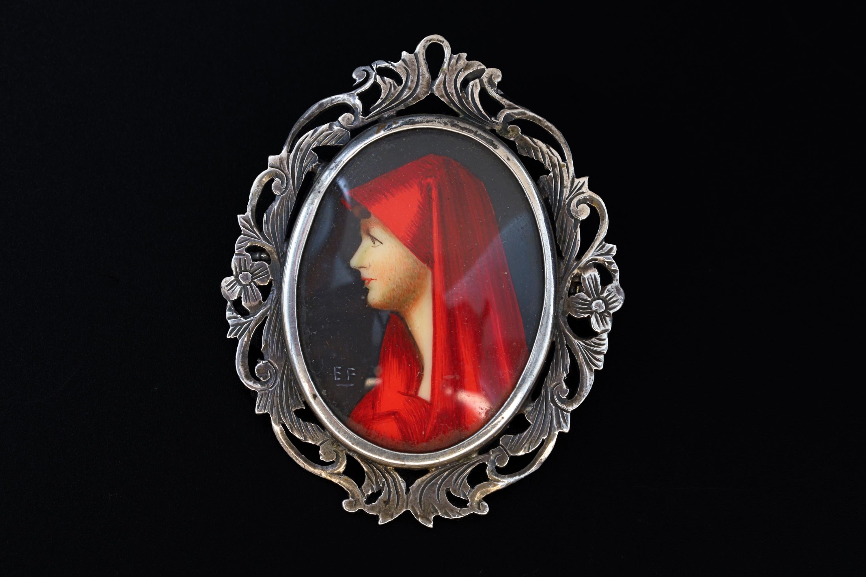 Saint Fabiola Of Rome, Antique 800 Silver Brooch Pin With A Hand Painted Religious Icon Medaillon, Art Deco Miniature Jewelry From Italy