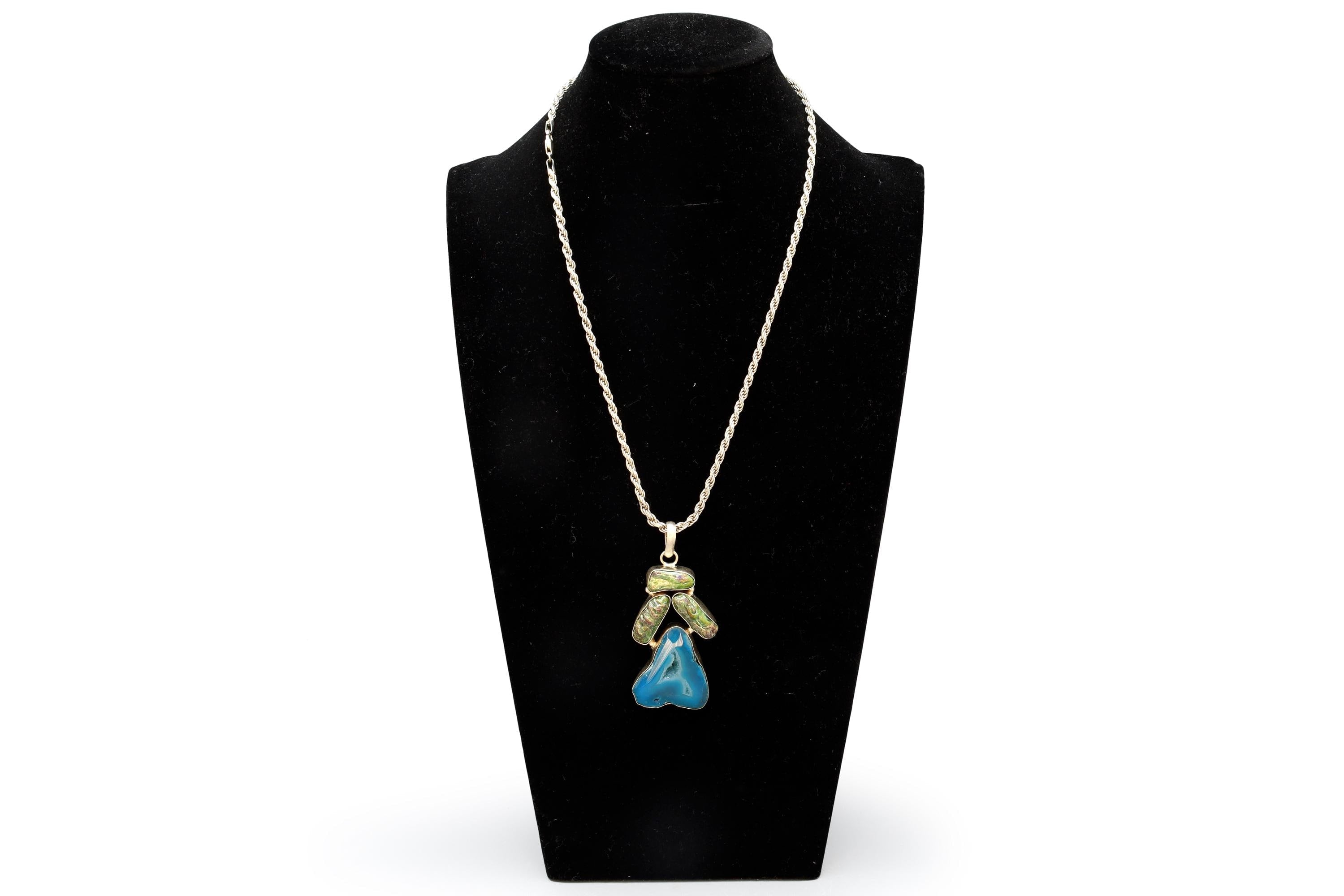 Vintage Sterling Silver Pendant Necklace, Blue Druzy Quartz And Freshwater Pearls In A Modernist Setting, Fashion Accessories And Jewelry