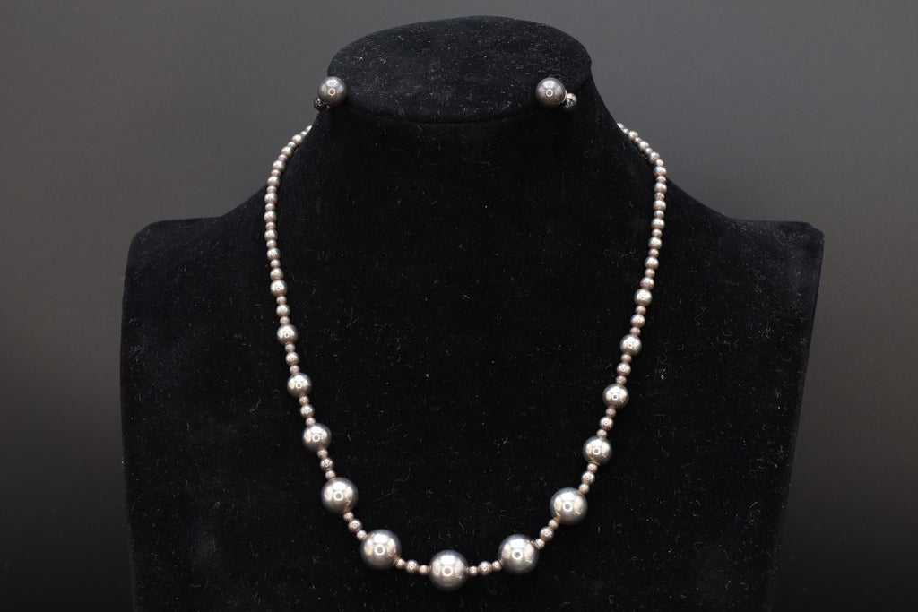 Mid Century Graduated Ball Beads Jewelry Set, Beaded Saturn Necklace And Stud Earrings, 925 Sterling Silver, Retro Fashion Accessories