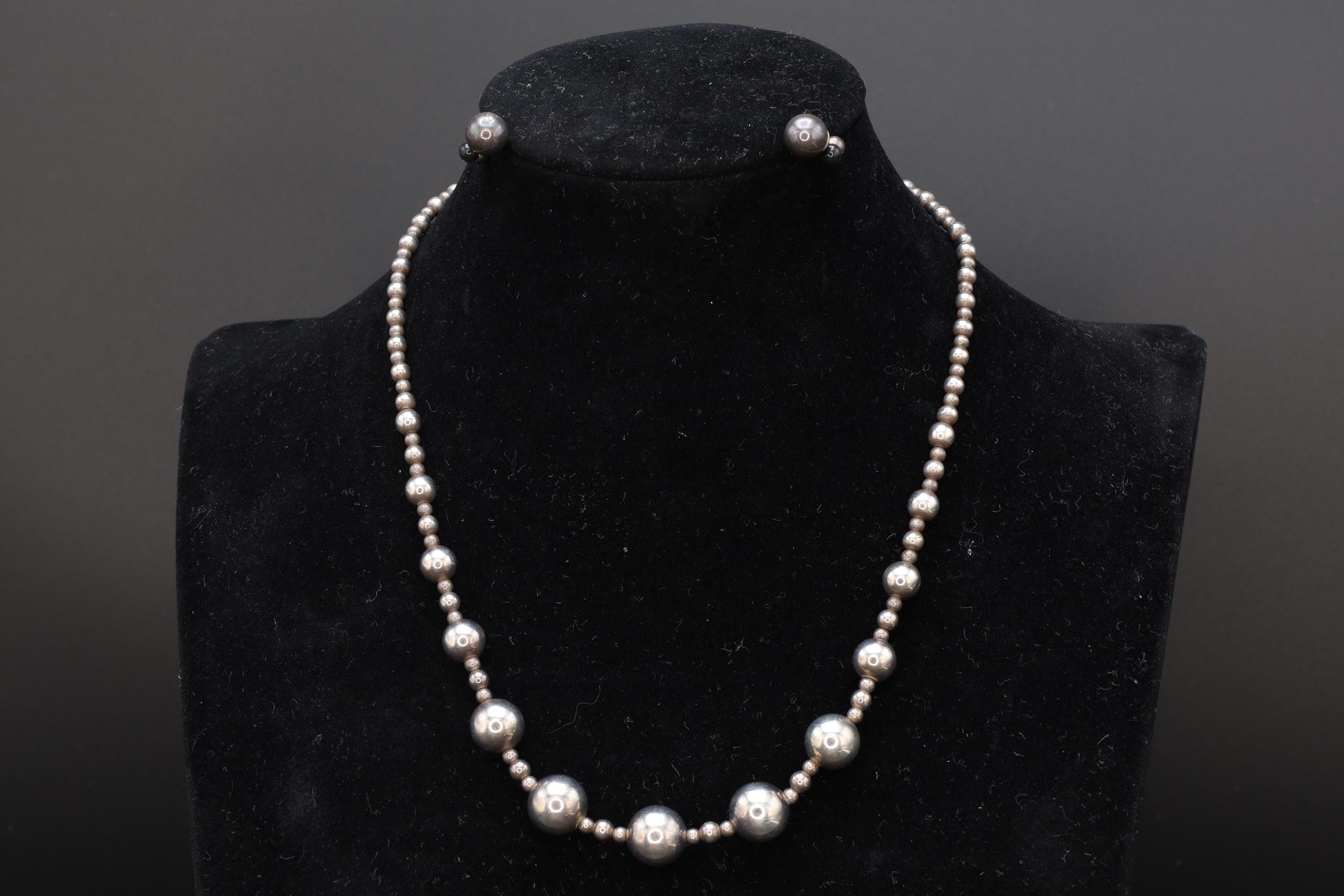Mid Century Graduated Ball Beads Jewelry Set, Beaded Saturn Necklace And Stud Earrings, 925 Sterling Silver, Retro Fashion Accessories