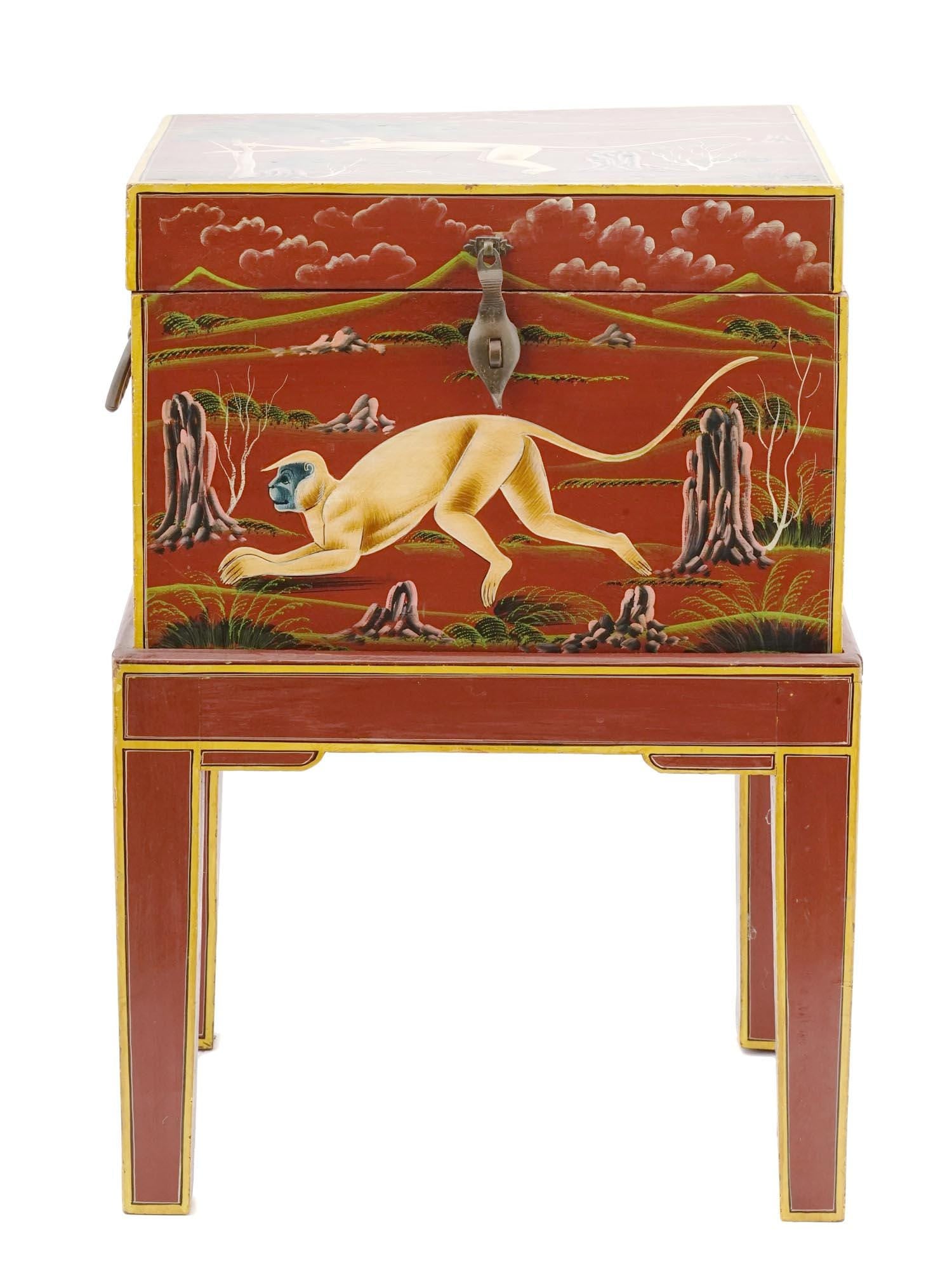Small Wooden Lidded Cabinet Box Adorned With Oriental Folk Art, Hand Painted Rajasthan Monkeys, Vintage 1970s Chinoiserie Furniture