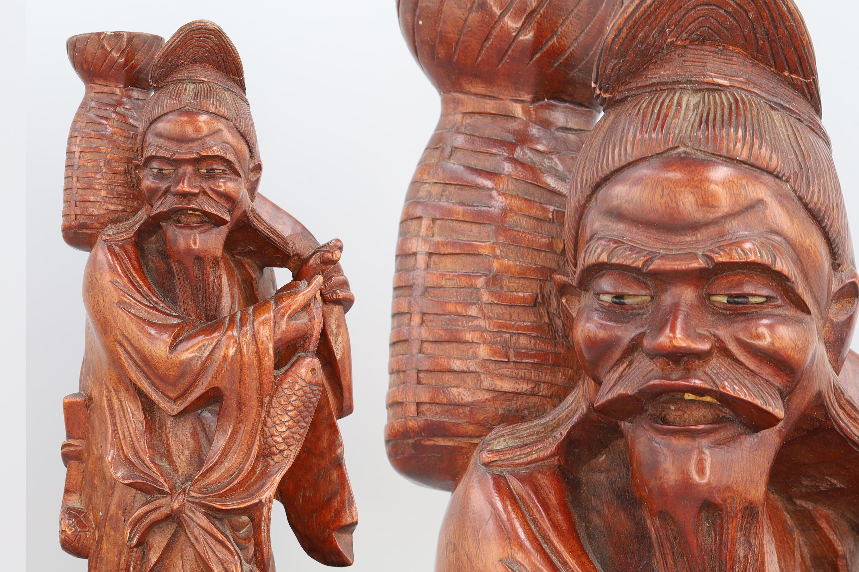 Antique 1910s Japanese Carved Wood Figure Of God Ebisu. Statuette Of An Old Man With Fish And Basket, Oriental Folk Arts And Crafts