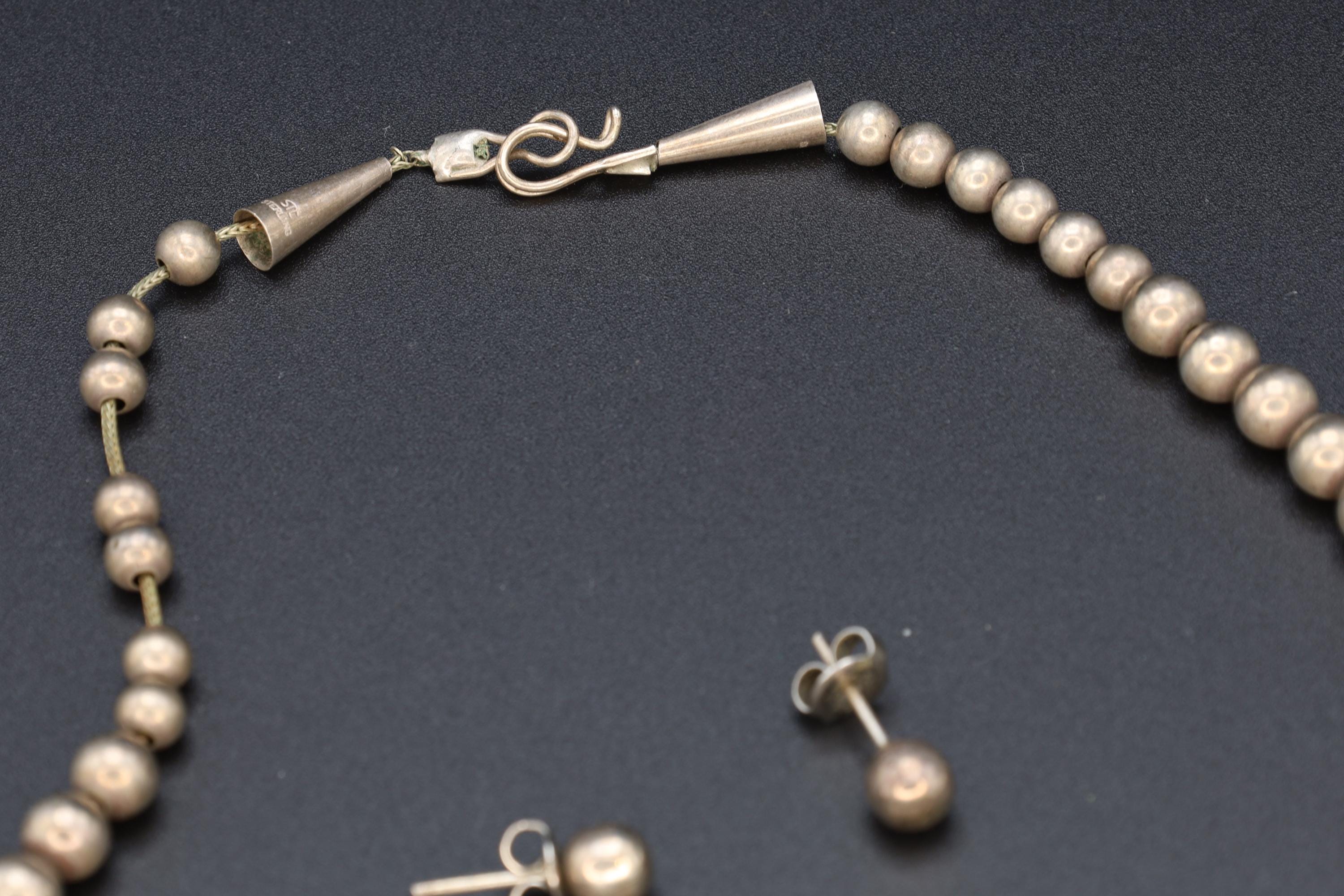 Mid Century Graduated Ball Beads Jewelry Set, Beaded Necklace And Small Stud Earrings, 925 Sterling Silver, Retro Fashion Accessories
