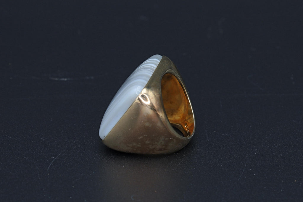 Banded Agate, Sterling Silver And Gold Wash Ring Size 6 USA Charts, Bold Statement Ring With Hallmarks, Lace Agate In Square Shape, Jewelry