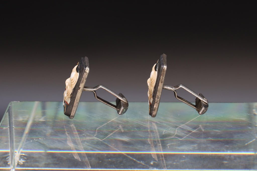 Toshikane Cufflinks, Sterling Silver And Porcelain, Okina Noh Theatre From Japan Hakushiki-jo Mask, Happy Old White Man, Fashion Accessories