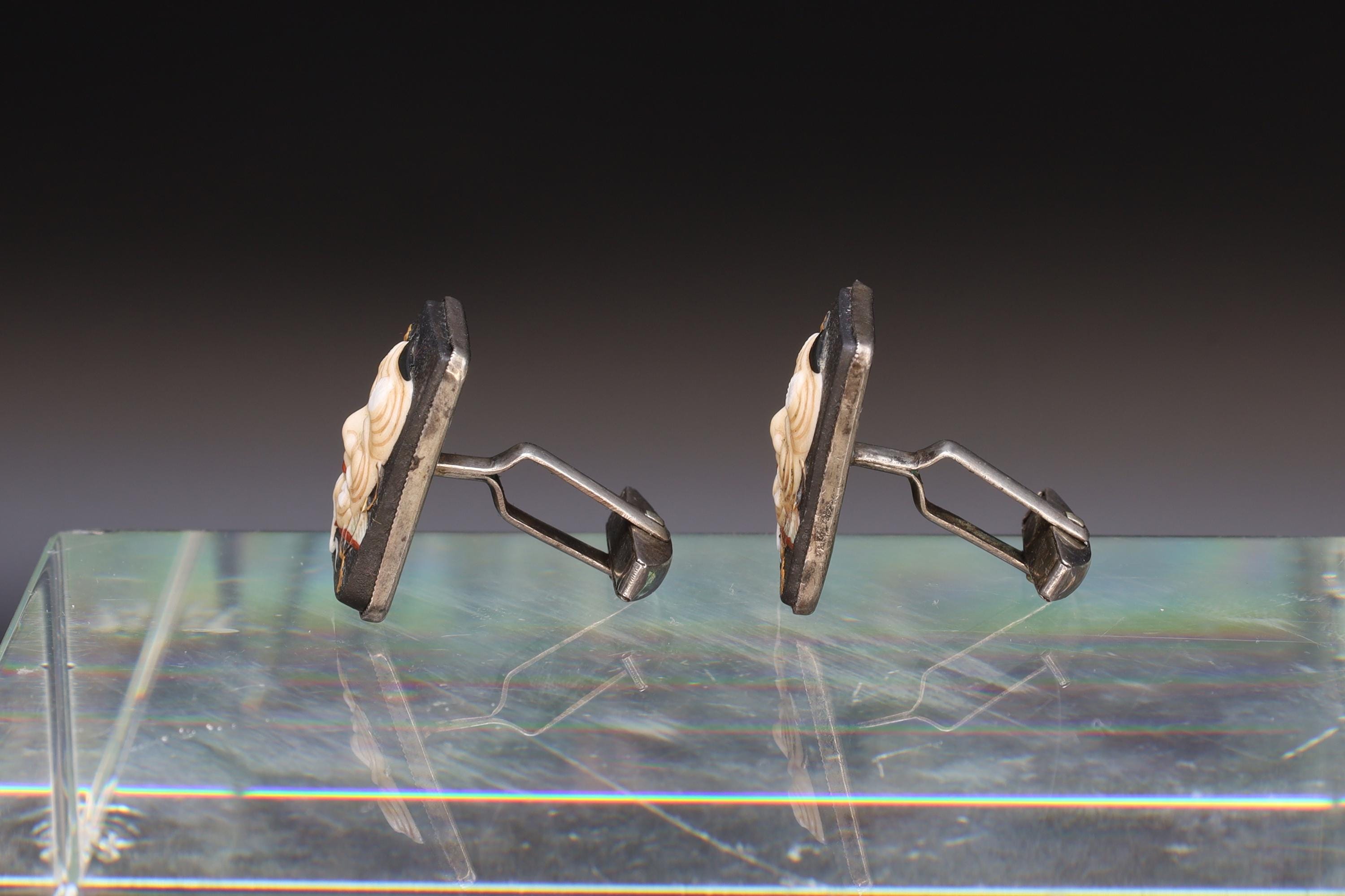 Toshikane Cufflinks, Sterling Silver And Porcelain, Okina Noh Theatre From Japan Hakushiki-jo Mask, Happy Old White Man, Fashion Accessories