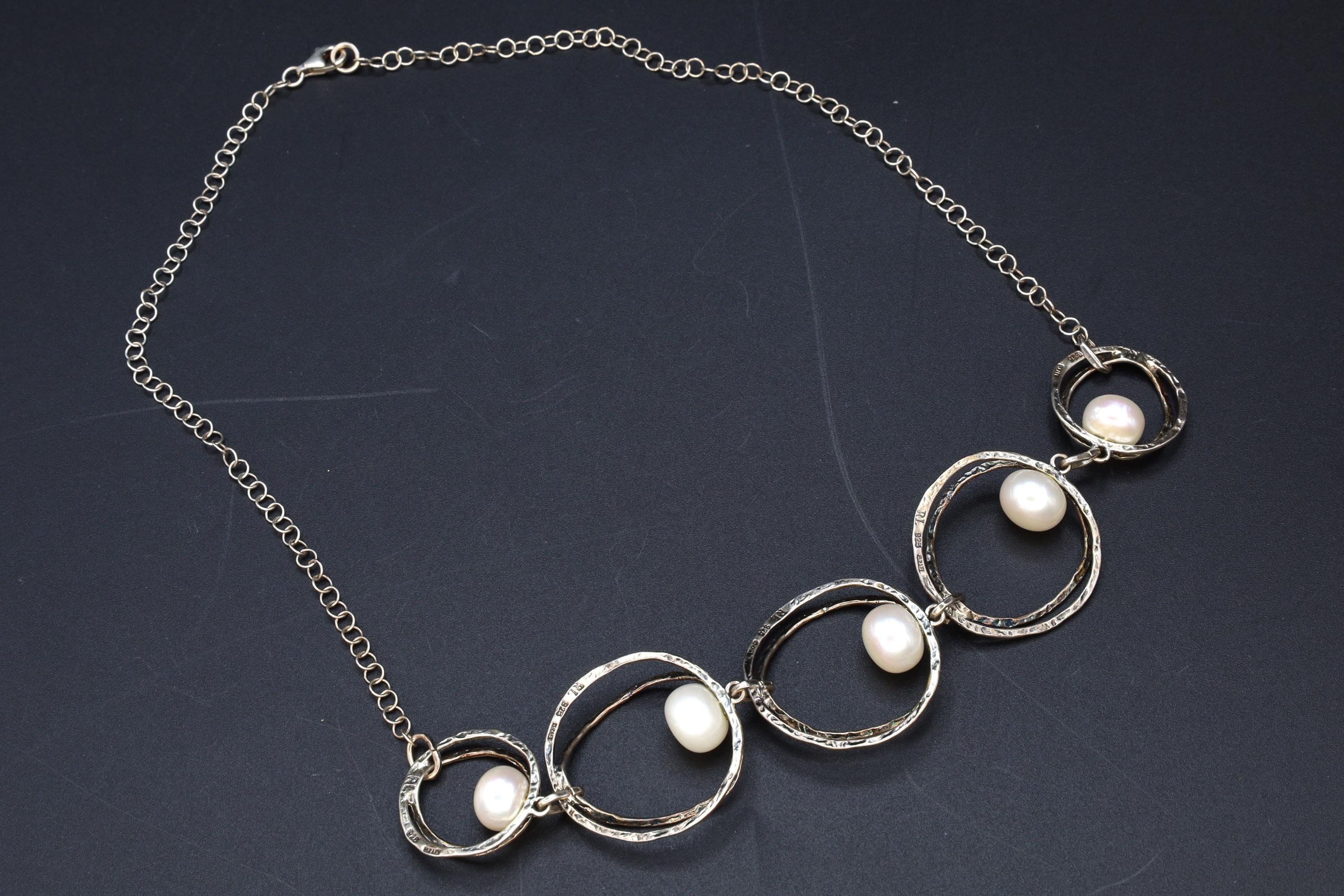 Brutalist Israel Bib Necklace, 925 Sterling Silver And Pearls, Modernist Designs By RL Regina Lane, Modernist Fashion Accessories
