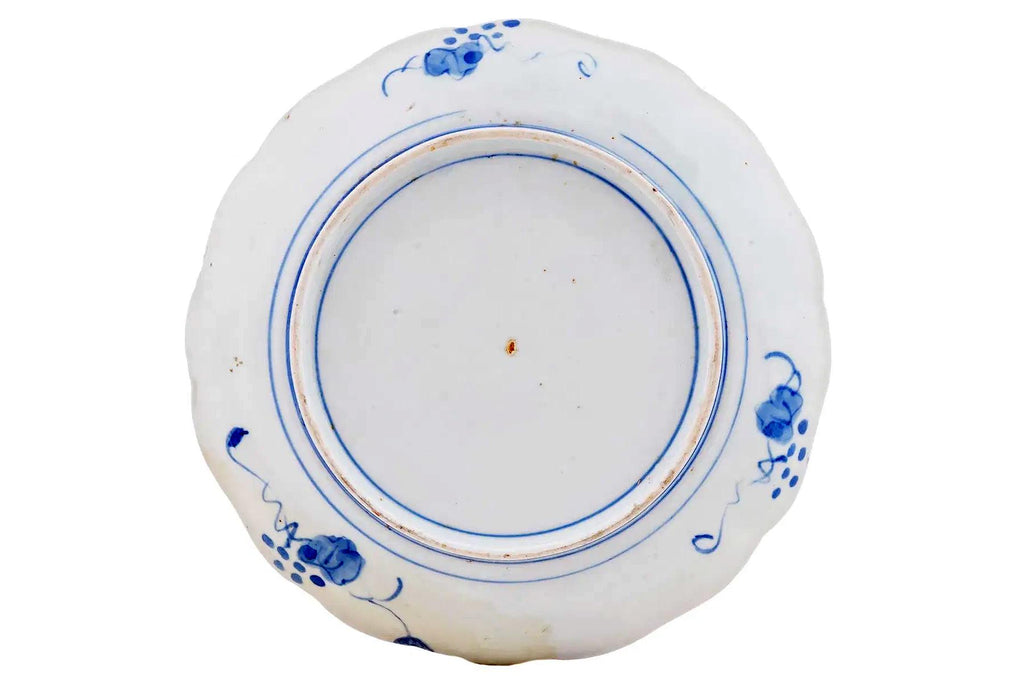 Antique 19th Century Meiji Japan Bowl, An Imari Arita Plate With Calligraphy And Nautical Theme, Porcelain, Blue And White
