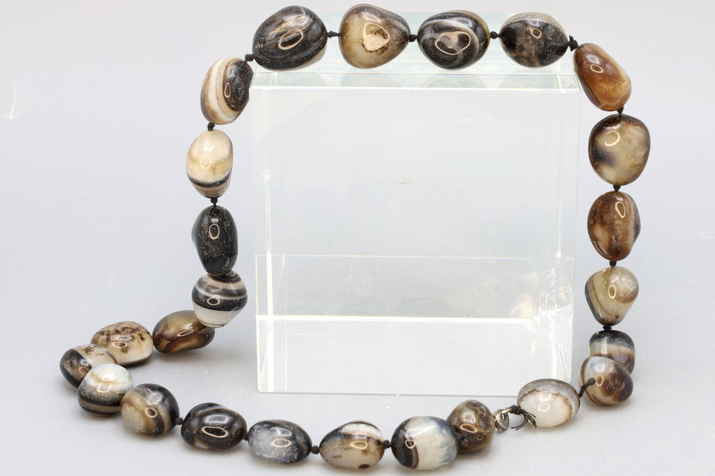 Turkish Banded Agate Beaded Necklace, Simple Starnd Of Free Form Beads, Knotted Necklace, Heavy Natural Stones, Fashion Accessories Jewelry