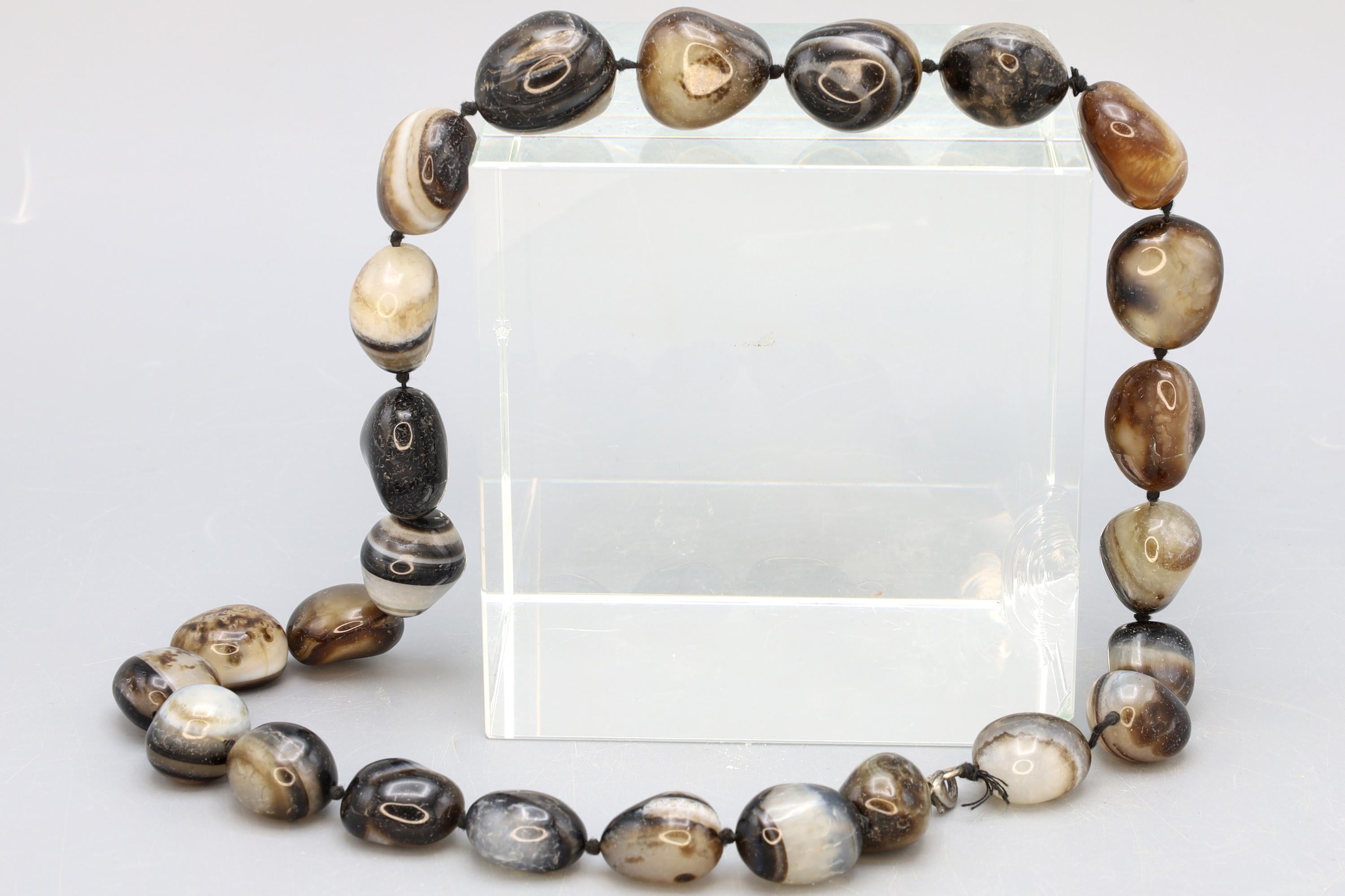 Turkish Banded Agate Beaded Necklace, Simple Starnd Of Free Form Beads, Knotted Necklace, Heavy Natural Stones, Fashion Accessories Jewelry