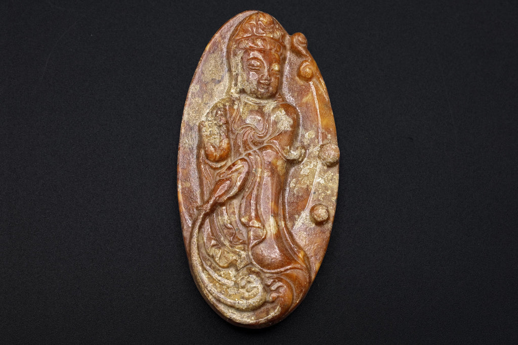 Chinese Guanyin Amulet, Carved Stone Buddhist Pendant, Large Oval Pendant With Goddess, Feng Shui, Oriental Asian Accessories