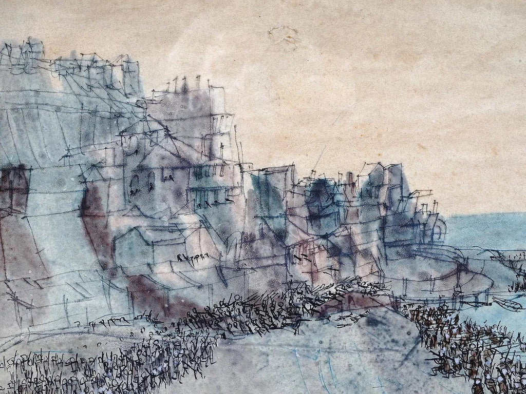 Watercolor And Ink On Paper Painting By Robert Andrew Parker, Battle Of The Bulgarian And British Armies On A Seashore Landscape