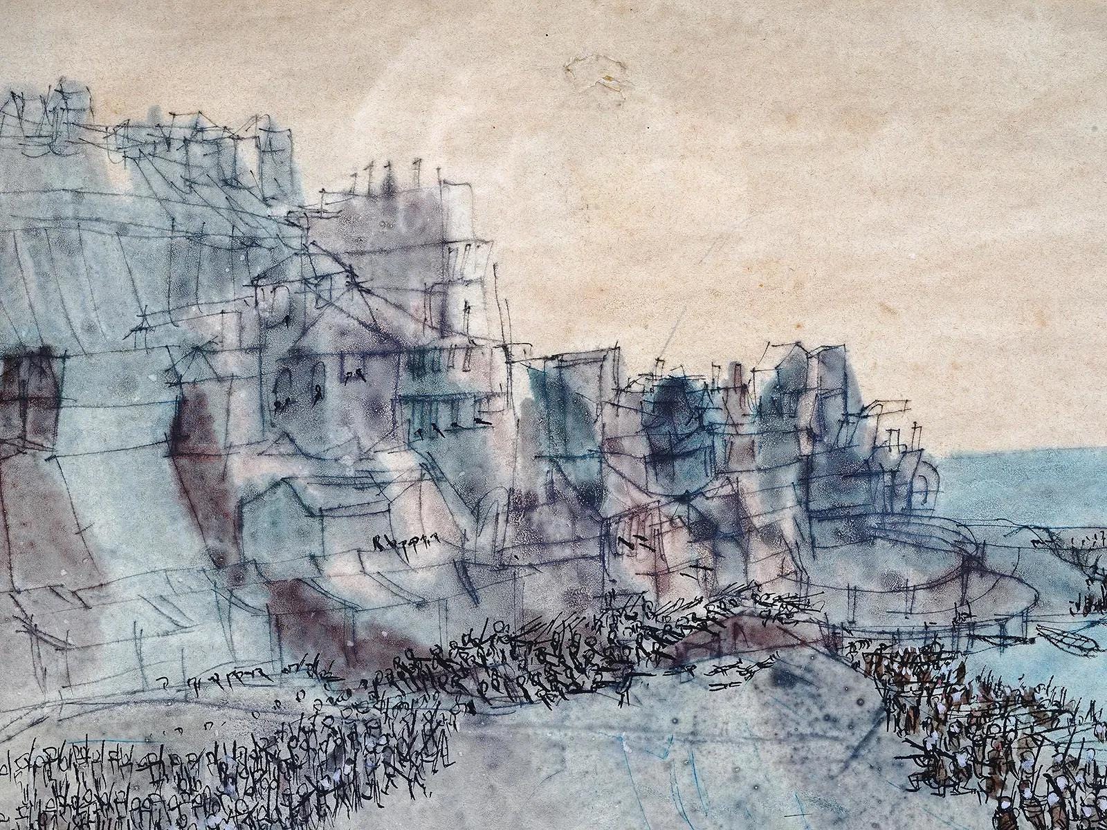 Watercolor And Ink On Paper Painting By Robert Andrew Parker, Battle Of The Bulgarian And British Armies On A Seashore Landscape