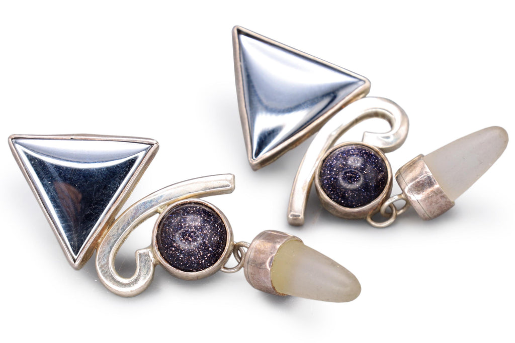 Vintage 1990s Postmodern Jewelry, Dangle Earrings, Sterling Silver, Hematite, Diachronic Glass And Quartz