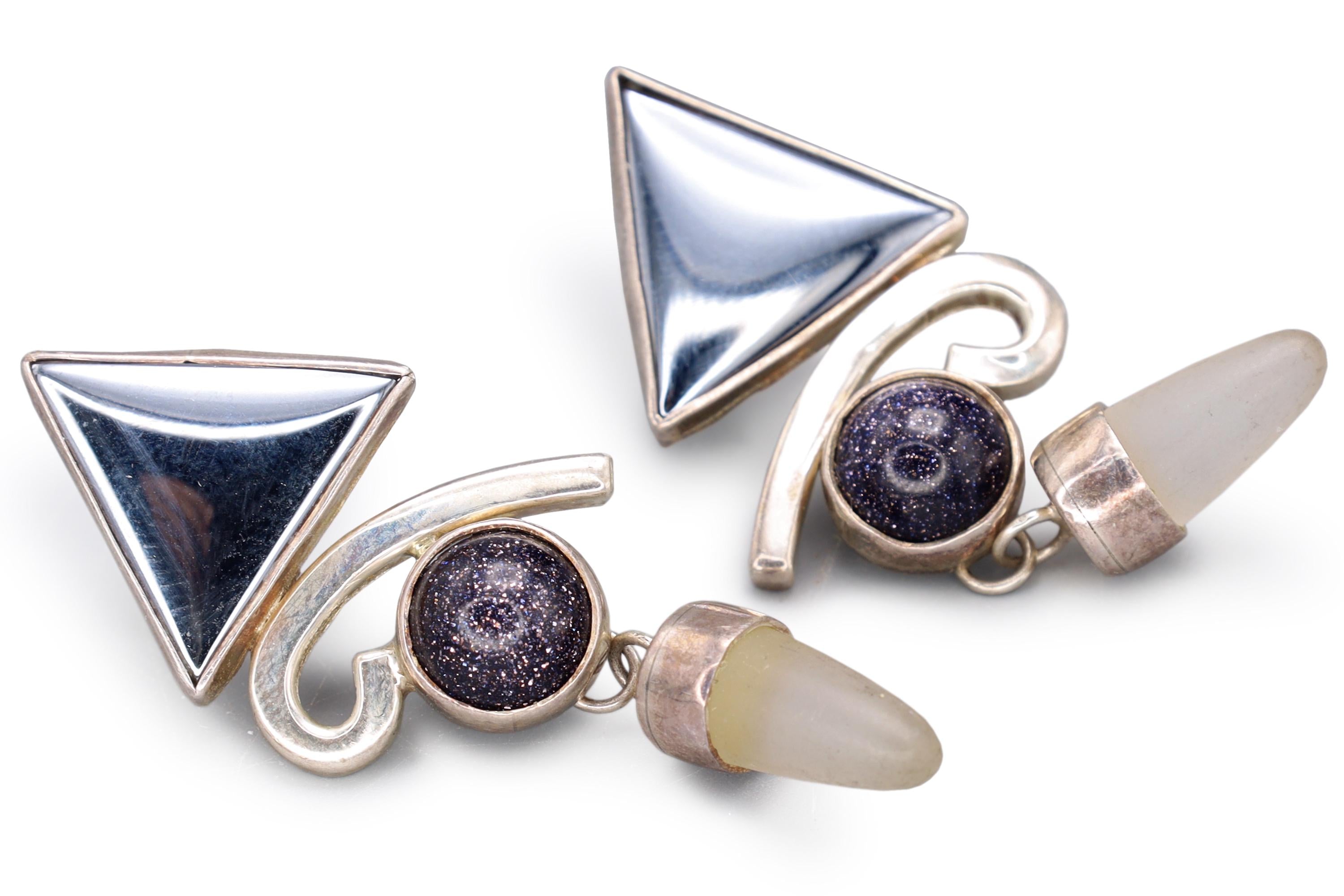Vintage 1990s Postmodern Jewelry, Dangle Earrings, Sterling Silver, Hematite, Diachronic Glass And Quartz