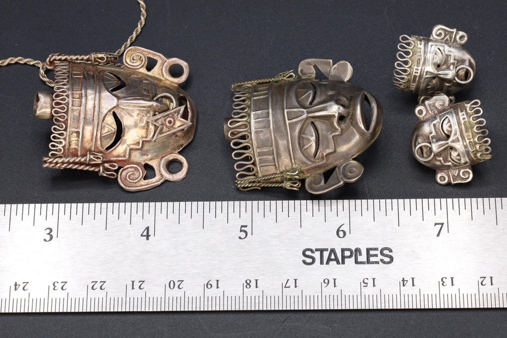 Taxco Mexico Jewelry Set, Pendant Necklace, Brooch, Matching Earrings, Warrior Aztec Mask In Art Deco Style, Vintage 1940s Sterling Silver