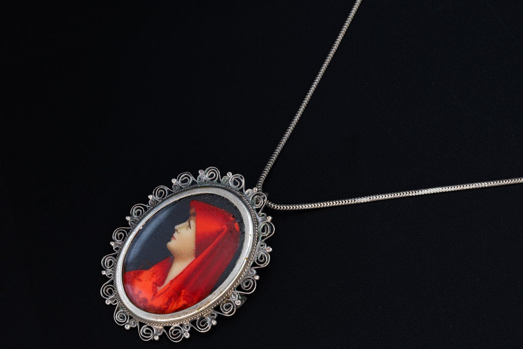 Saint Fabiola Of Rome, Antique 800 Silver Brooch Pin With A Hand Painted Religious Icon Medaillon, Italy 925 Silver Cable Chain Jewelry