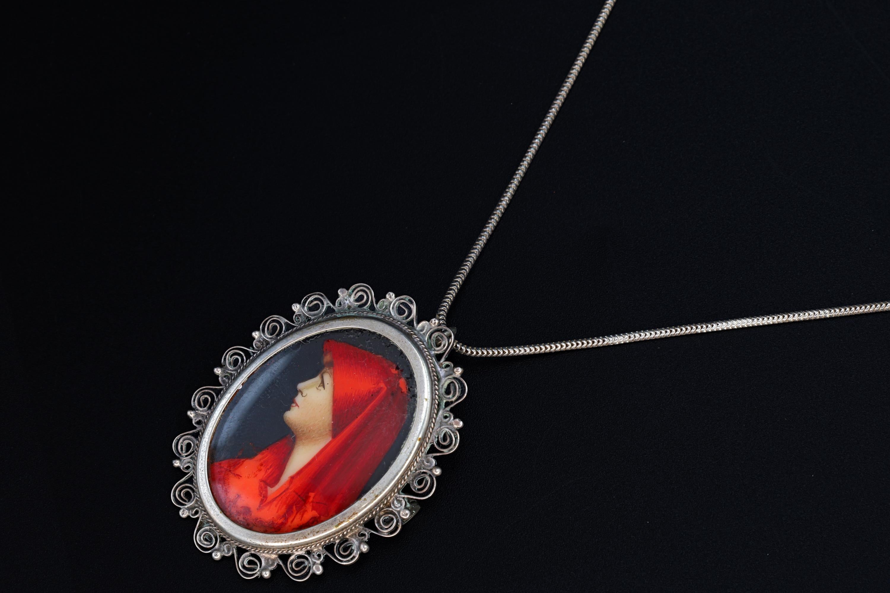 Saint Fabiola Of Rome, Antique 800 Silver Brooch Pin With A Hand Painted Religious Icon Medaillon, Italy 925 Silver Cable Chain Jewelry