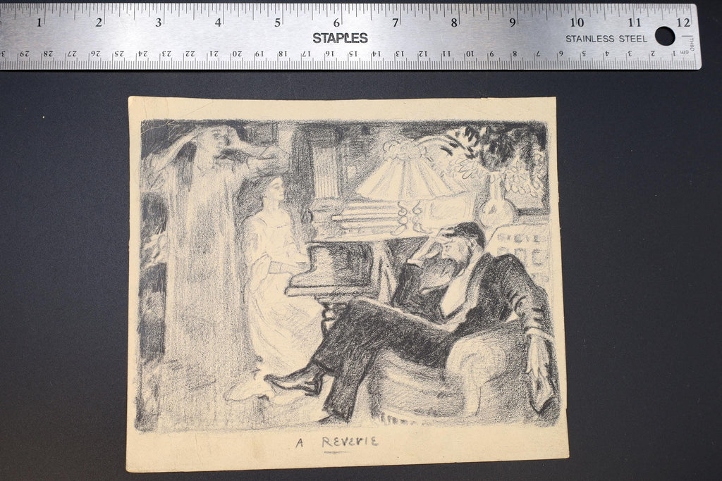 A Reverie, Victorian Parlor Evening With Piano, Antique 1900s Art Nouveau Painting On Paper By Paulo Antonini, Italian American Artist