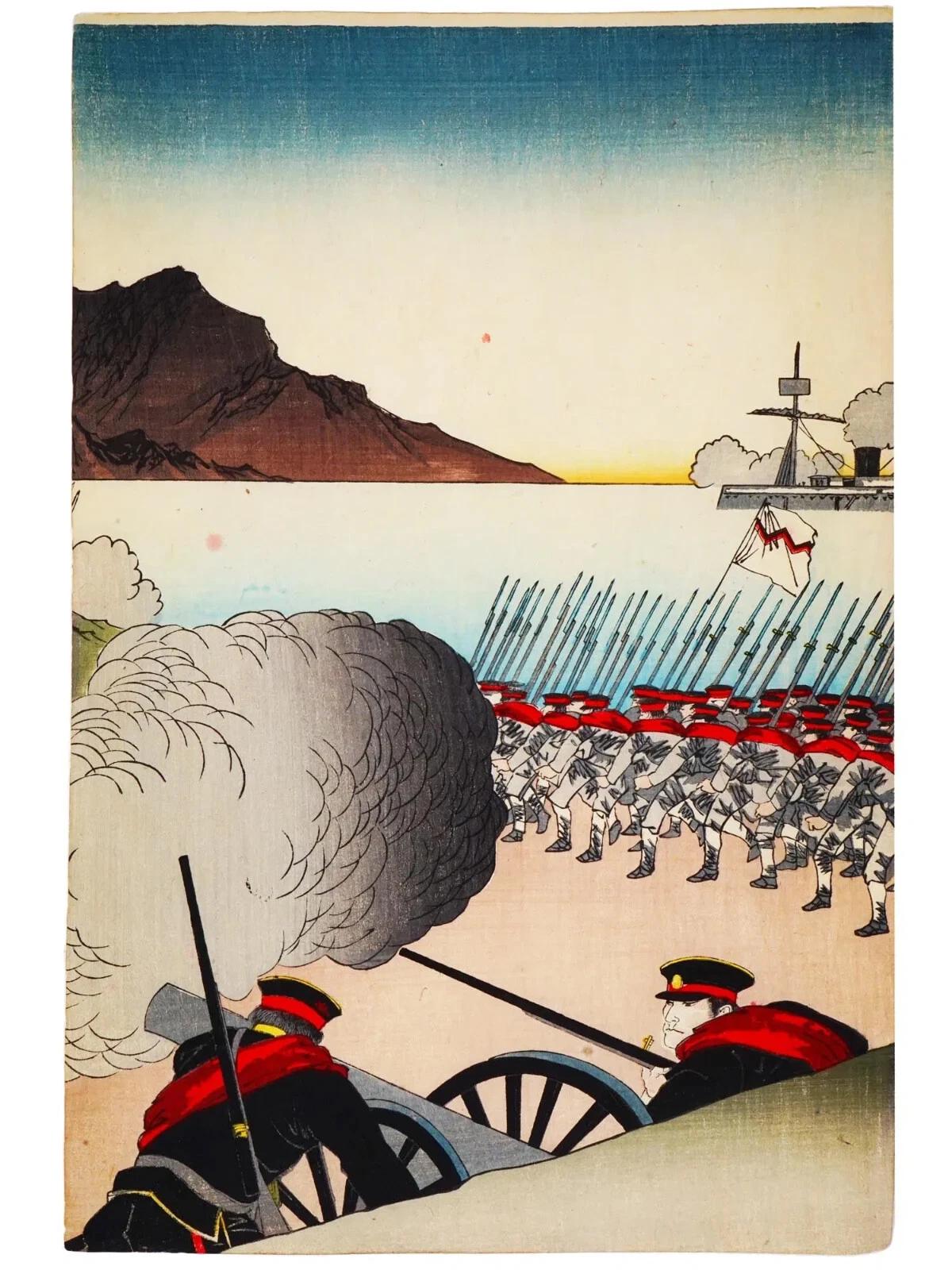 Chikanobu Yoshu, Senso-e Japanese Meiji Era Military Artwork Illustration Triptych, Asian Oriental Art Ukiyoe Print Collectibles