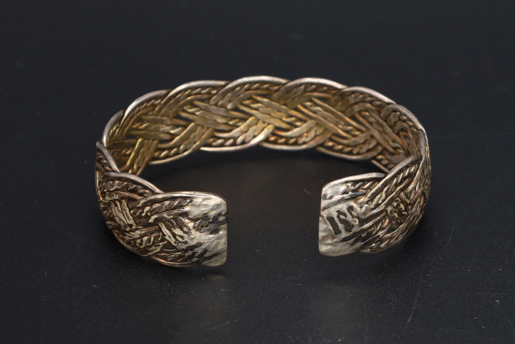 Handmade Cuff Bracelet, 925 Sterling Silver Cuff Bangle With Braided Design. Vintage Unisex Jewelry, Boho Fashion Accessories