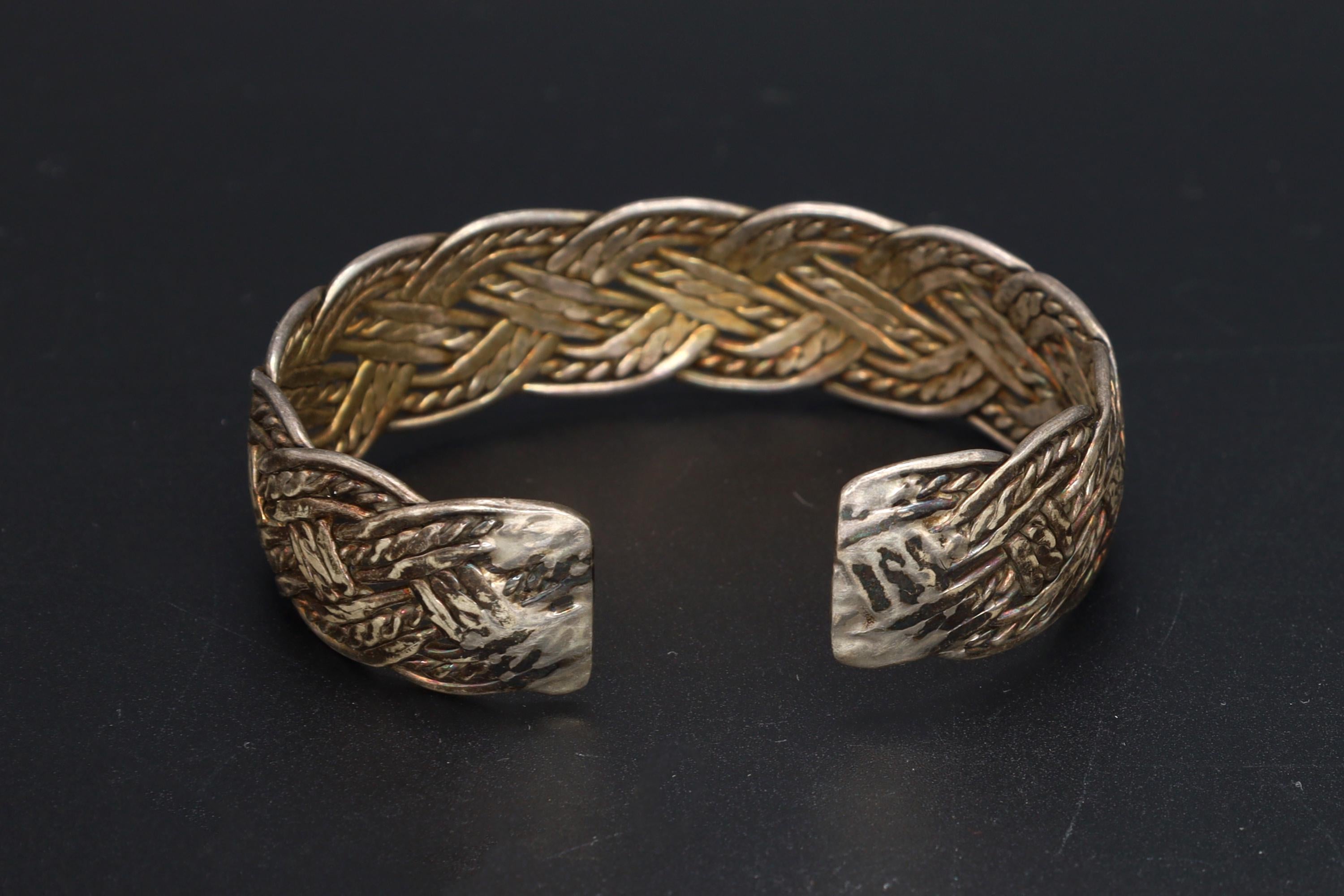 Handmade Cuff Bracelet, 925 Sterling Silver Cuff Bangle With Braided Design. Vintage Unisex Jewelry, Boho Fashion Accessories