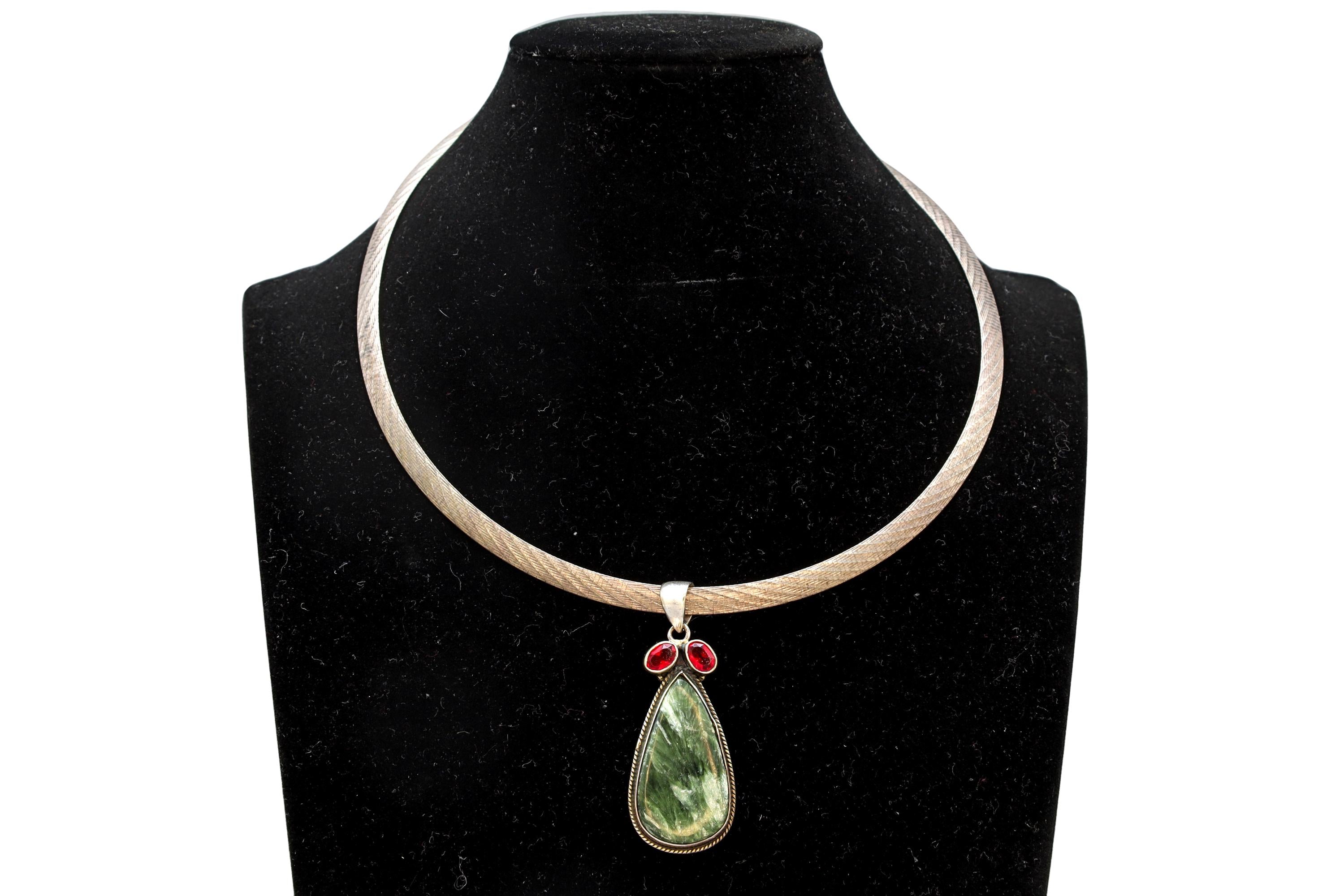 Avant Garde Pendant Necklace, Post Modern Design, 925 Sterling Silver, Red Garnet And Green Serpentine, Vintage 1990s Fashion Accessories