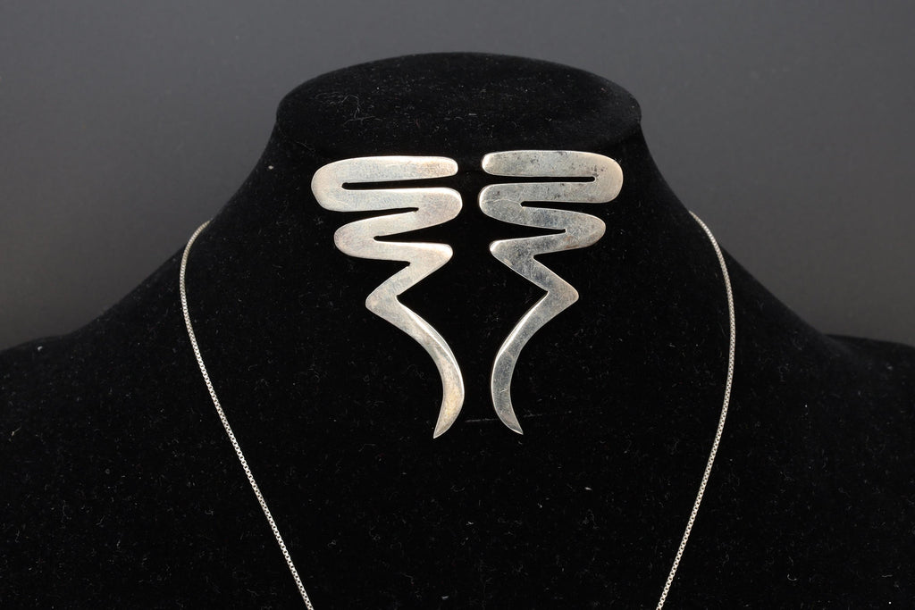 Scribble Or Zig Zag, Taxco Mexico Jewelry Set, Pendant Necklace, Brooch, Matching Earrings, Modernist Jewelry Designs, 925 Sterling Silver