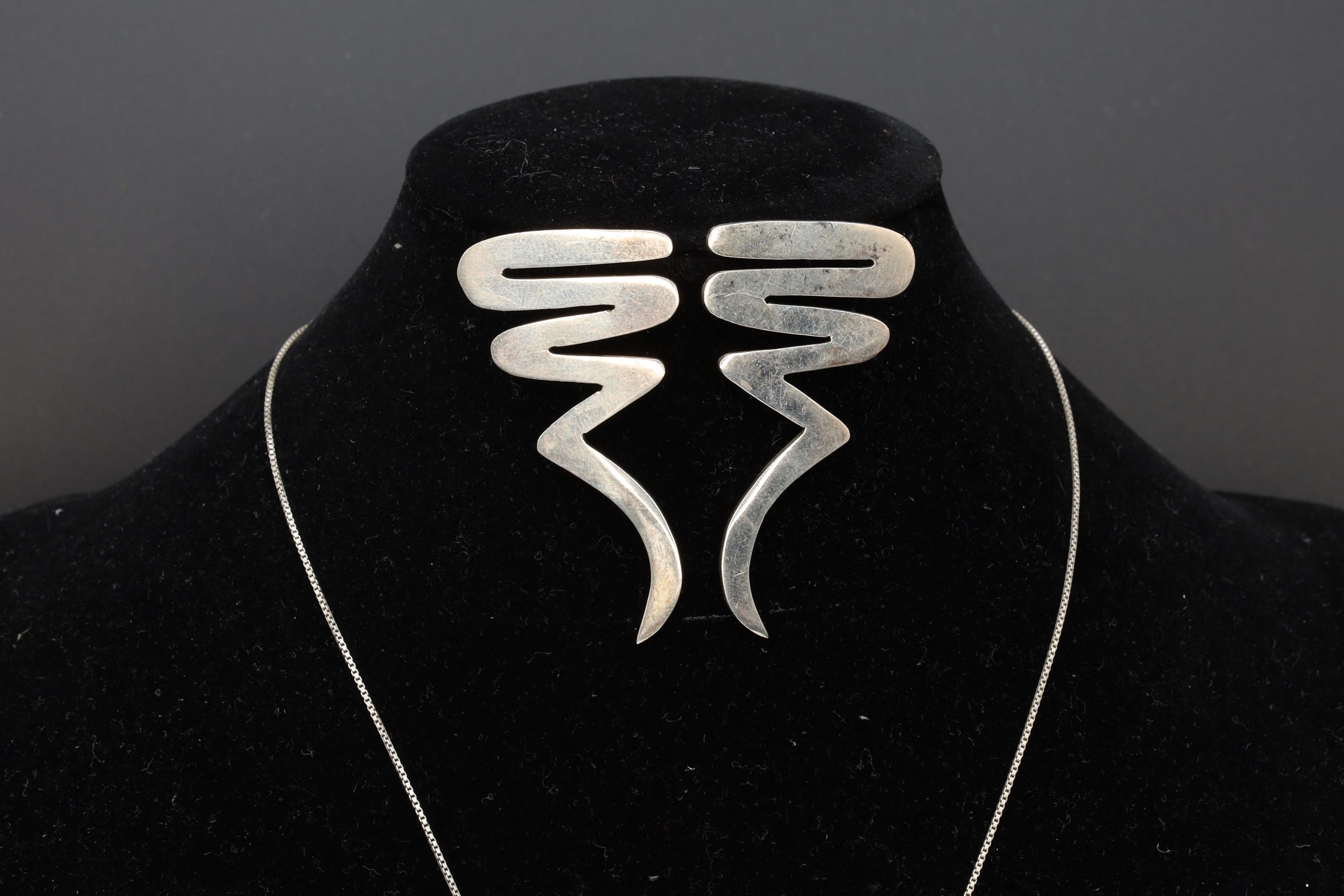 Scribble Or Zig Zag, Taxco Mexico Jewelry Set, Pendant Necklace, Brooch, Matching Earrings, Modernist Jewelry Designs, 925 Sterling Silver