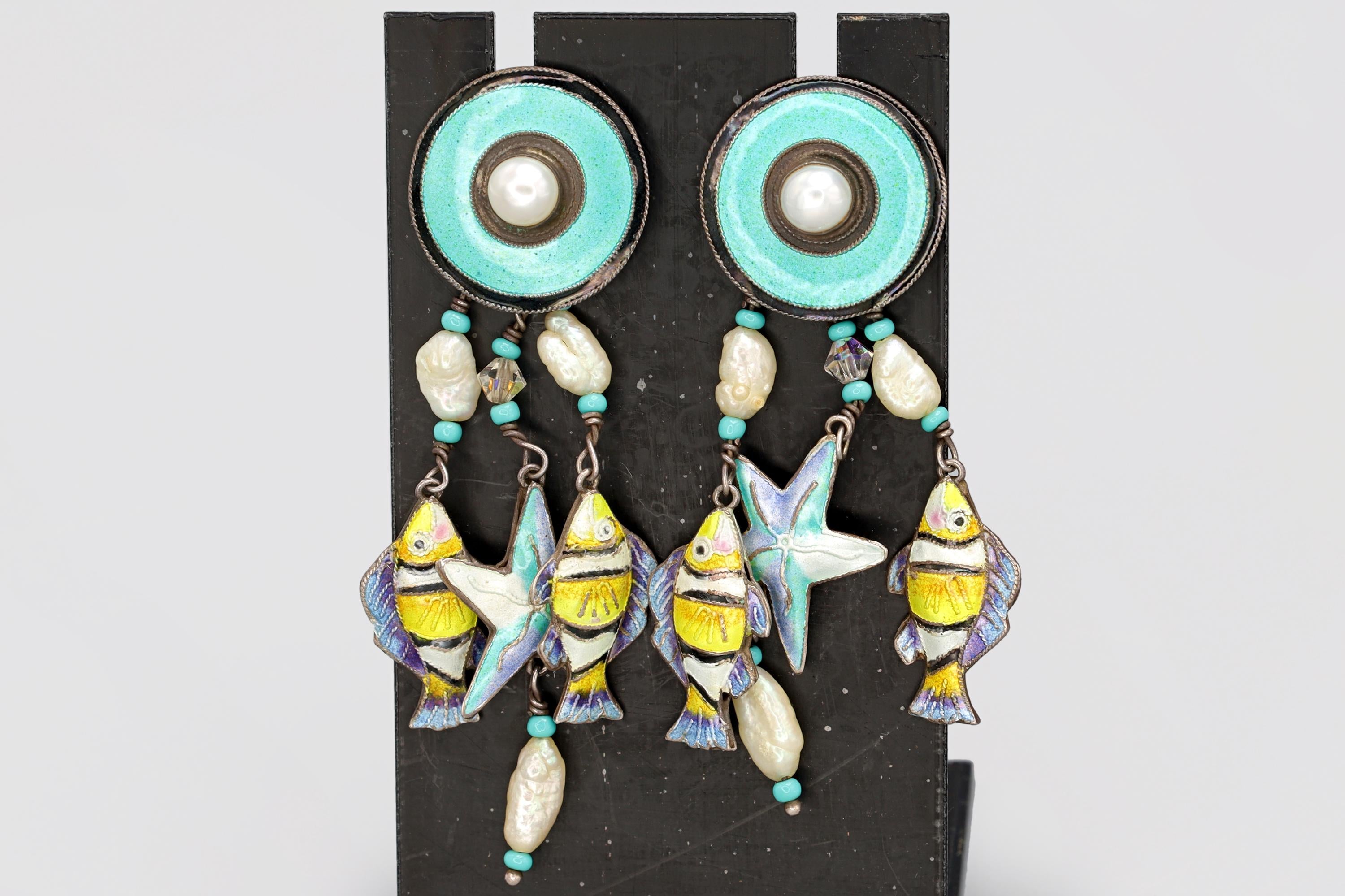 Rare, Vintage 1980s Nautical Sea Life Dangle Earrings, Enameled Sterling And Pearls, Retro Jewelry