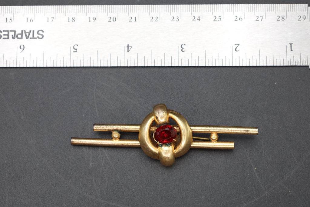 Bar Brooch Pin, Gold Wash And Czech Red Faceted Glass Accent, Early 20th Century Fashion Accessories, An Art Deco Jewelry Piece Ca 1910s