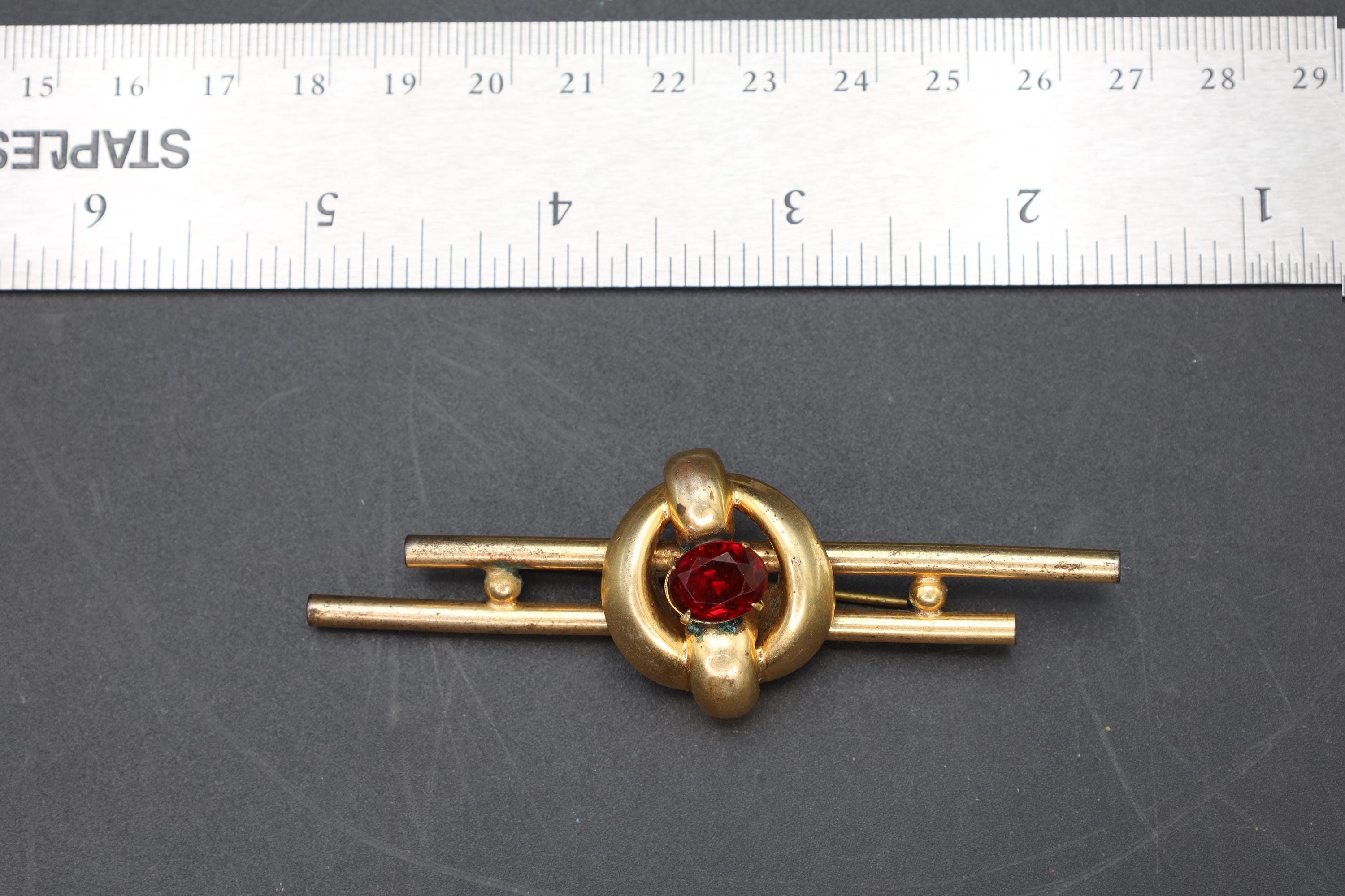 Bar Brooch Pin, Gold Wash And Czech Red Faceted Glass Accent, Early 20th Century Fashion Accessories, An Art Deco Jewelry Piece Ca 1910s