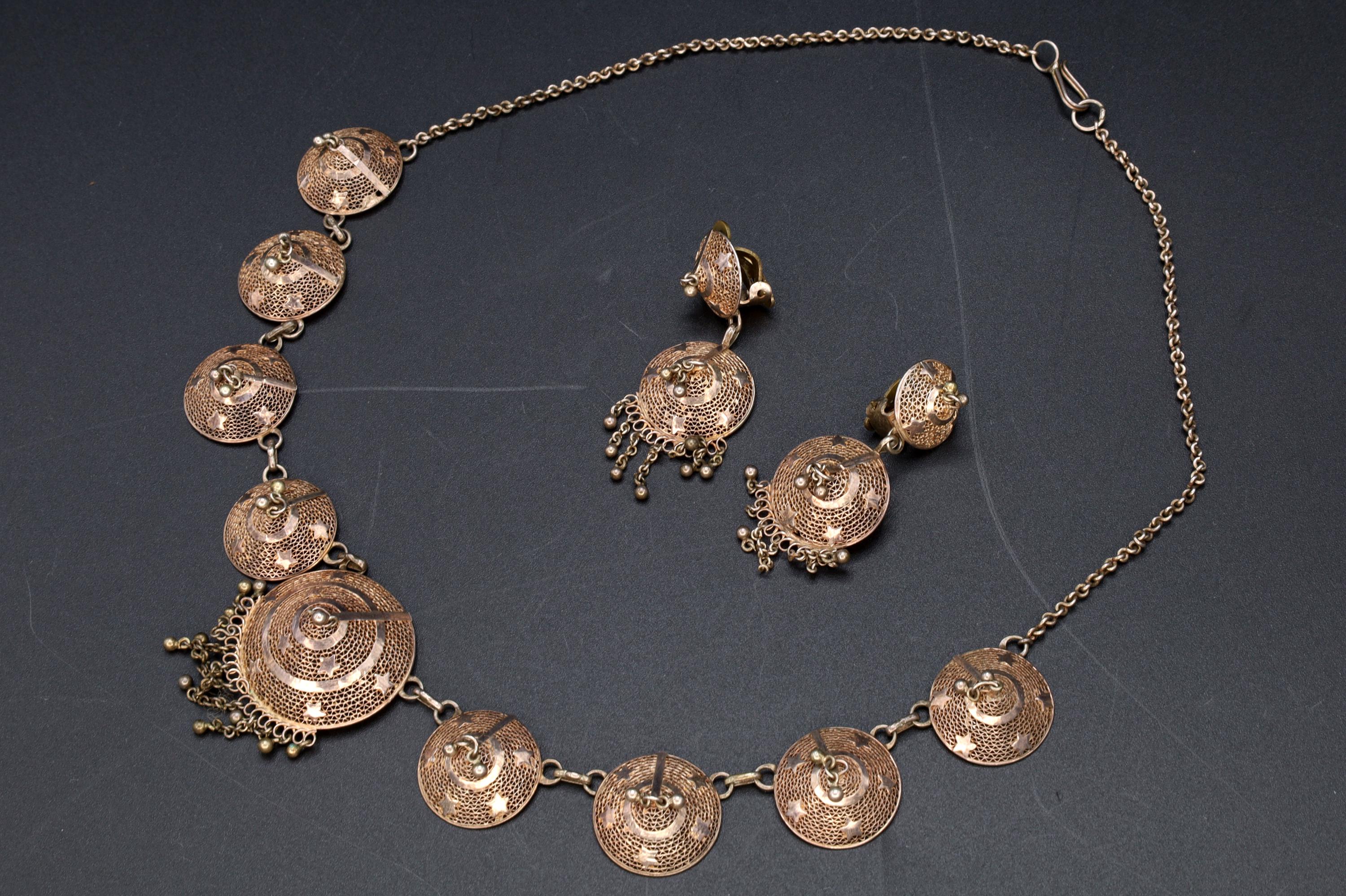 Art Deco Jewelry Set, Bib Panel Necklace With Dangling Fringes And Earrings. 900 Silver Filigree And Rose Gold Wash. Portugal Ca 1940s