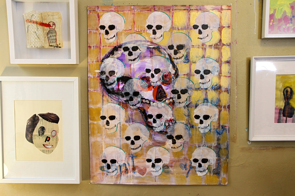 Pop Art Paintings Mixed Media Art On Paper, A Gothic Chorus of Monks in a Postmodernist Cathedral, Colorful Acrylic Painting on Paper