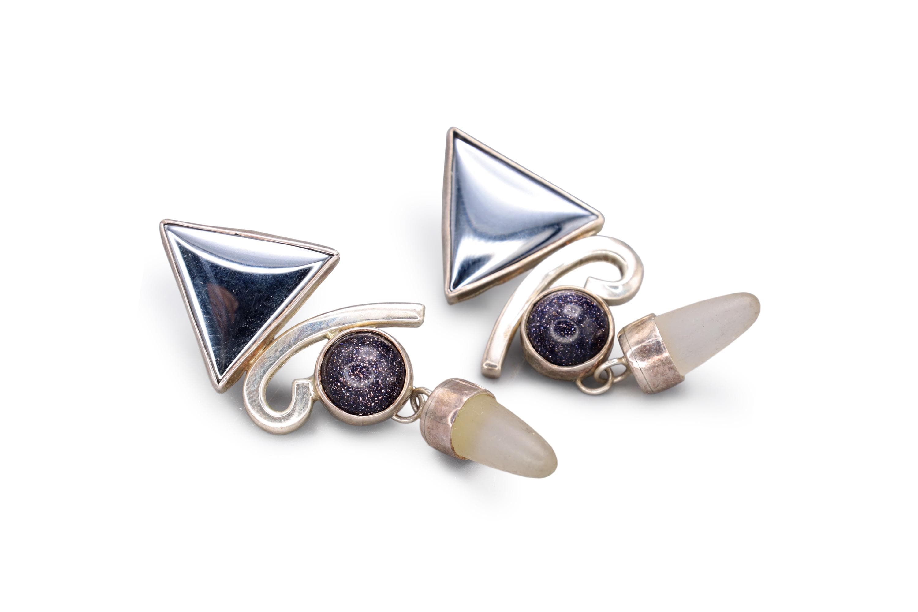 Vintage 1990s Postmodern Jewelry, Dangle Earrings, Sterling Silver, Hematite, Diachronic Glass And Quartz