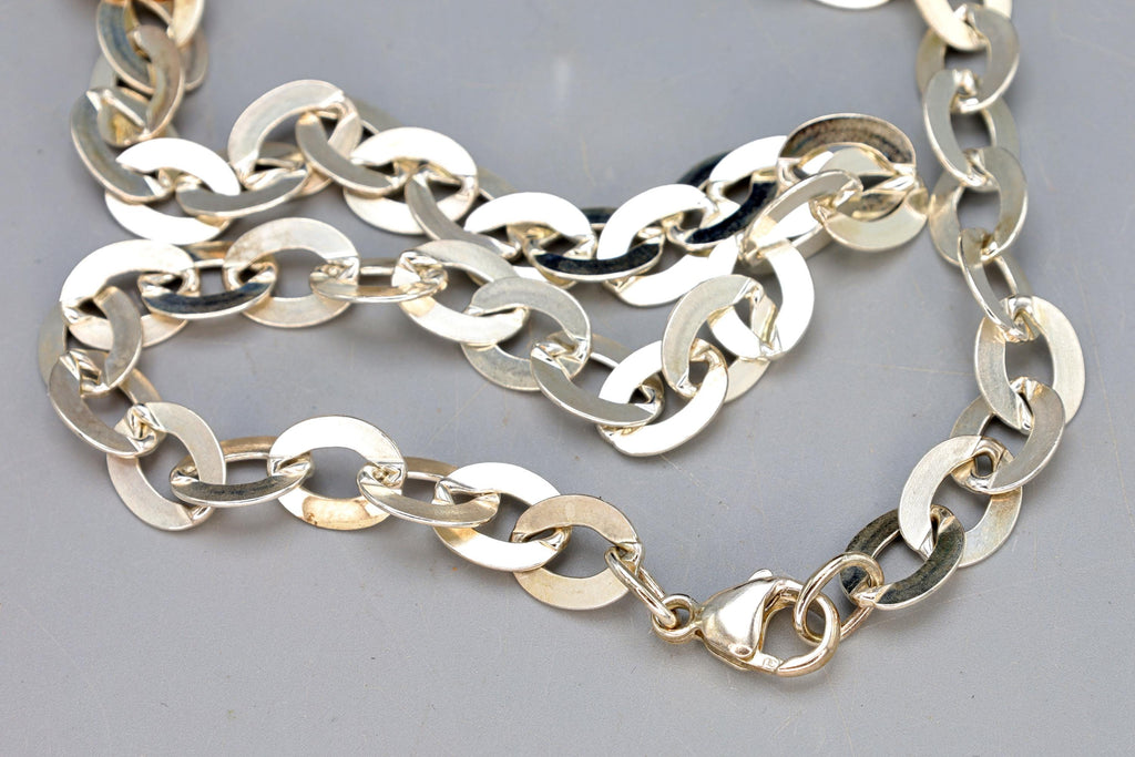 Vintage 1990s Sterling Silver Flat Rolo Chain Necklace, Fashion Jewelry Accessories, Oblongue Link, Extra Long XL Chain Necklace