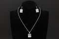 Textured Pebble Pendant Necklace And Dangle Earrings, A Modernist Style Jewelry Set Stamped 925 In Square Shape, Fashion Accessories