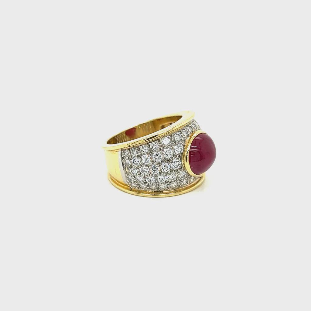 Wide Band Ring For Woman, 18 Karat Yellow Gold Ring Size 8.5 With Ruby And 6ctw White Diamonds Jewelry GIA Certificate, Weight 17.5 Grams