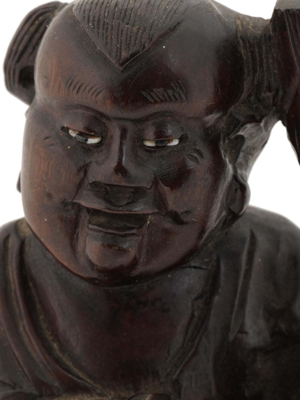 Vintage 1930s Japanese Wood Carved Statuette Of A Young Budai With Lotus Flower. Inlaid Eyes, Oriental Folk Arts And Crafts